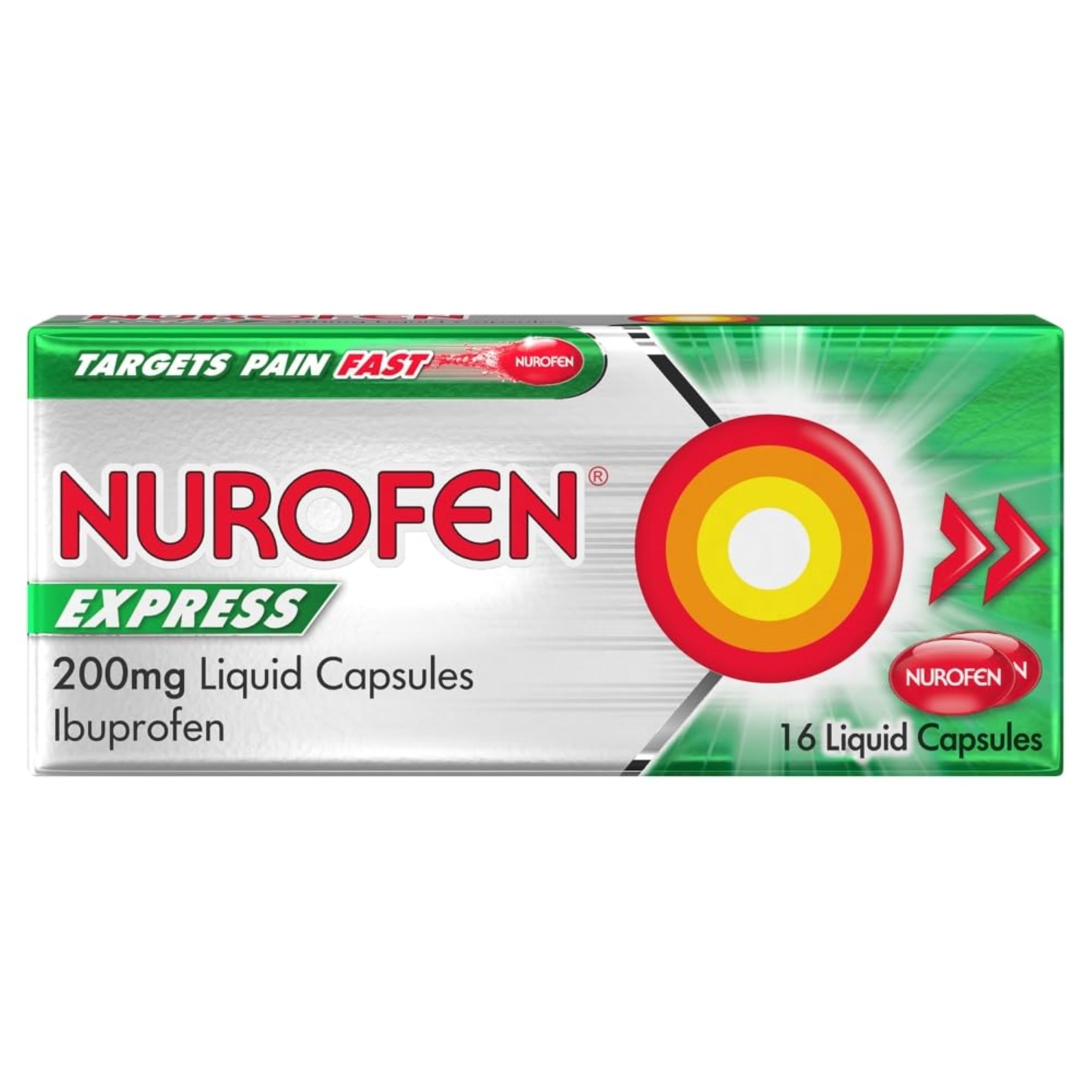 Nurofen Express Pain Relief Ibuprofen Liquid Capsules, 200mg, 16 Capsules, Period Pain Relief, Headache Relief, Migraine Relief, Pain Relief, Quick Acting Painkiller, Cold and Flu, Medication