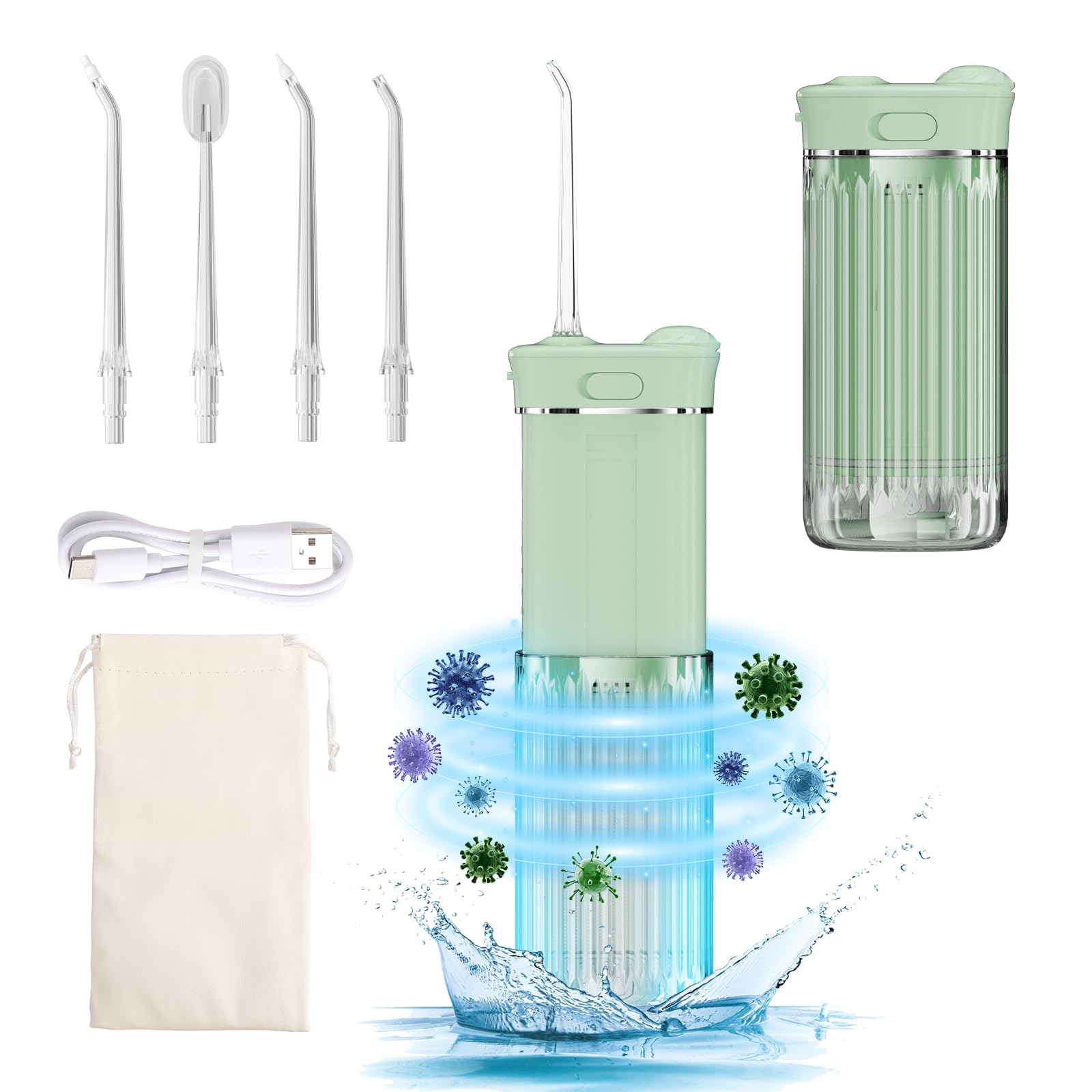 Travel Water Flosser, Mini Portable Oral Irrigator, Telescopic Water Tank, 4 Nozzles, Unique Light, IPX7 Waterproof (Green)