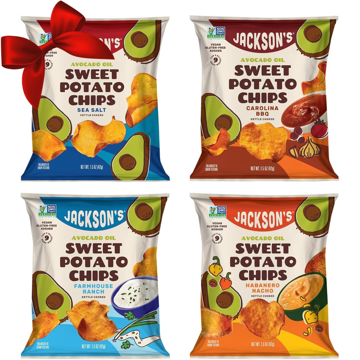 Jackson’s Sweet Potato Kettle Chips Avocado Oil Variety Pack made with Premium Oils (1.5 oz, Pack of 10) Sea Salt, Ranch, BBQ, and Habanero Nacho Flavors - Allergen-friendly, Gluten Free, Vegan