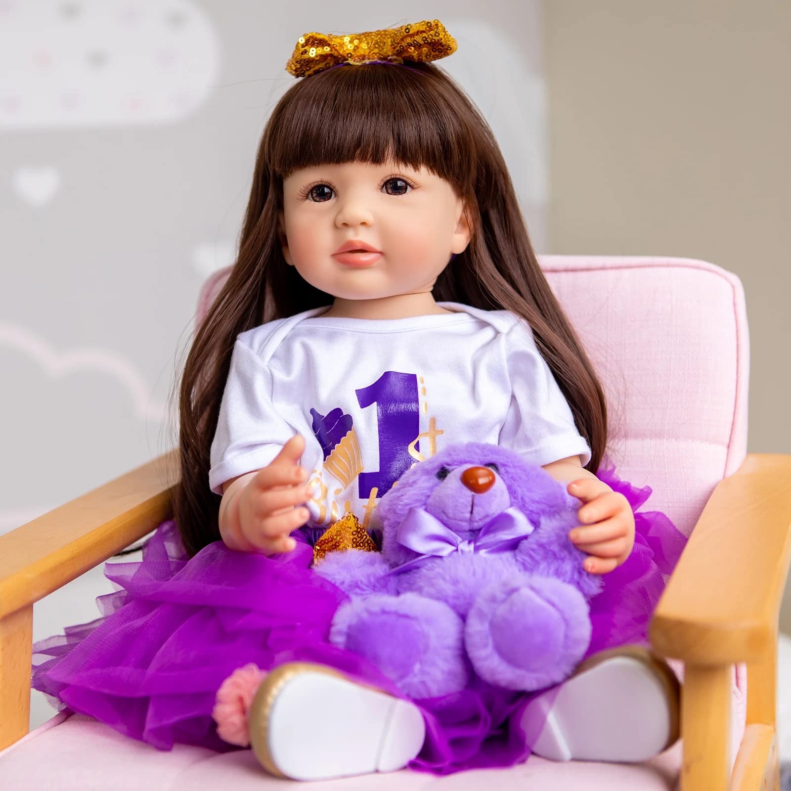 MineeQu22 Inch Long Brown Hair Reborn Doll Made of Silicone Vinyl Full Body Anatomically Correct Realistic Baby Girl Princess Dolls Girl Gift Set Purple