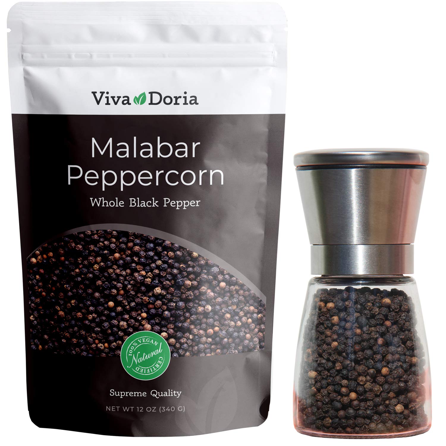 Viva DoriaMalabar Peppercorn, Whole Black Pepper, Black Peppercorns 12 oz + Premium Stainless Steel Salt & Pepper Grinder with Adjustable Coarseness