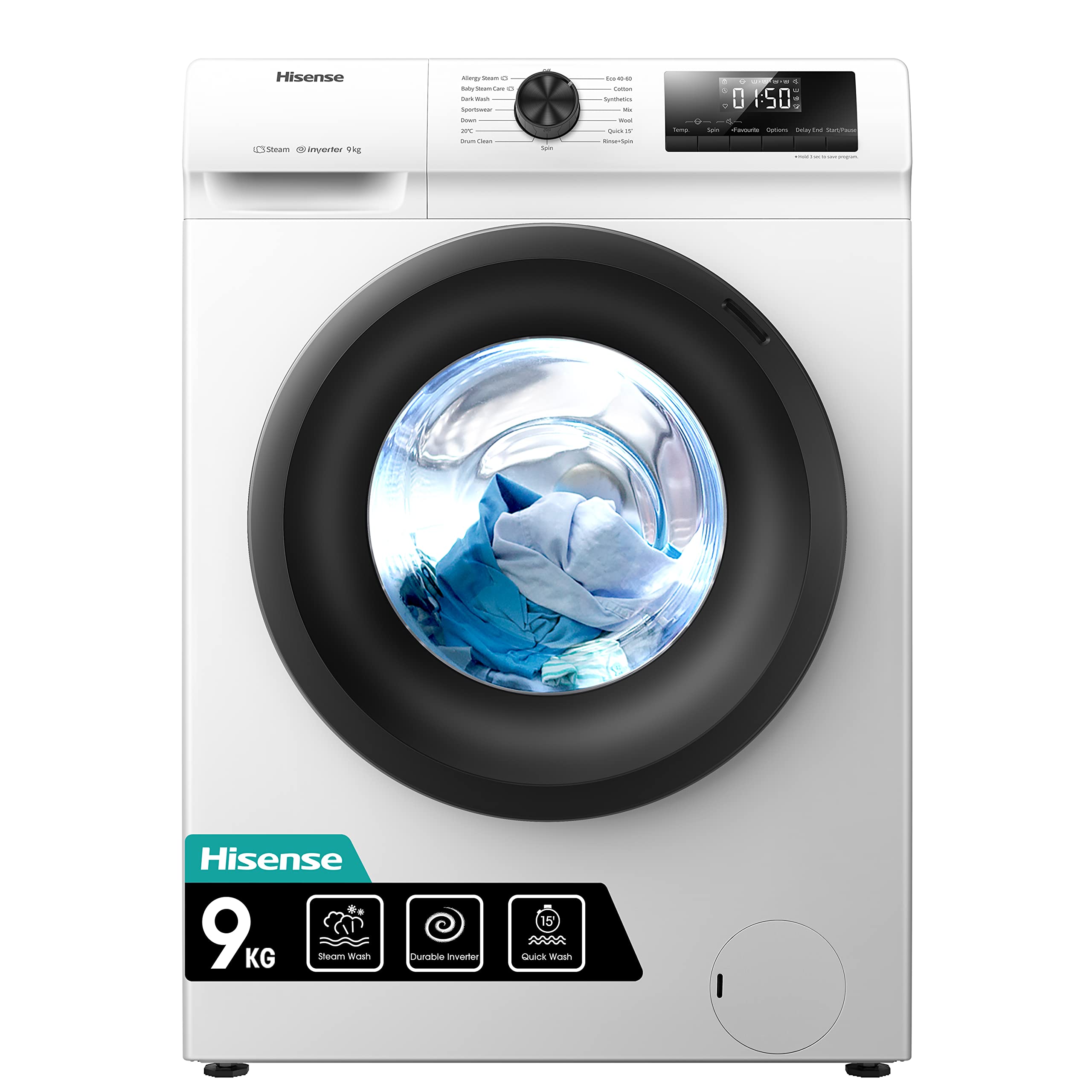 HisenseWFQP9014EVM-Freestanding-9 KG-Front Load Washing Durable Inverter Machine-Steam Wash-Quick Wash-15 Washing Programs-1400 RPM-White-Energy Rating C