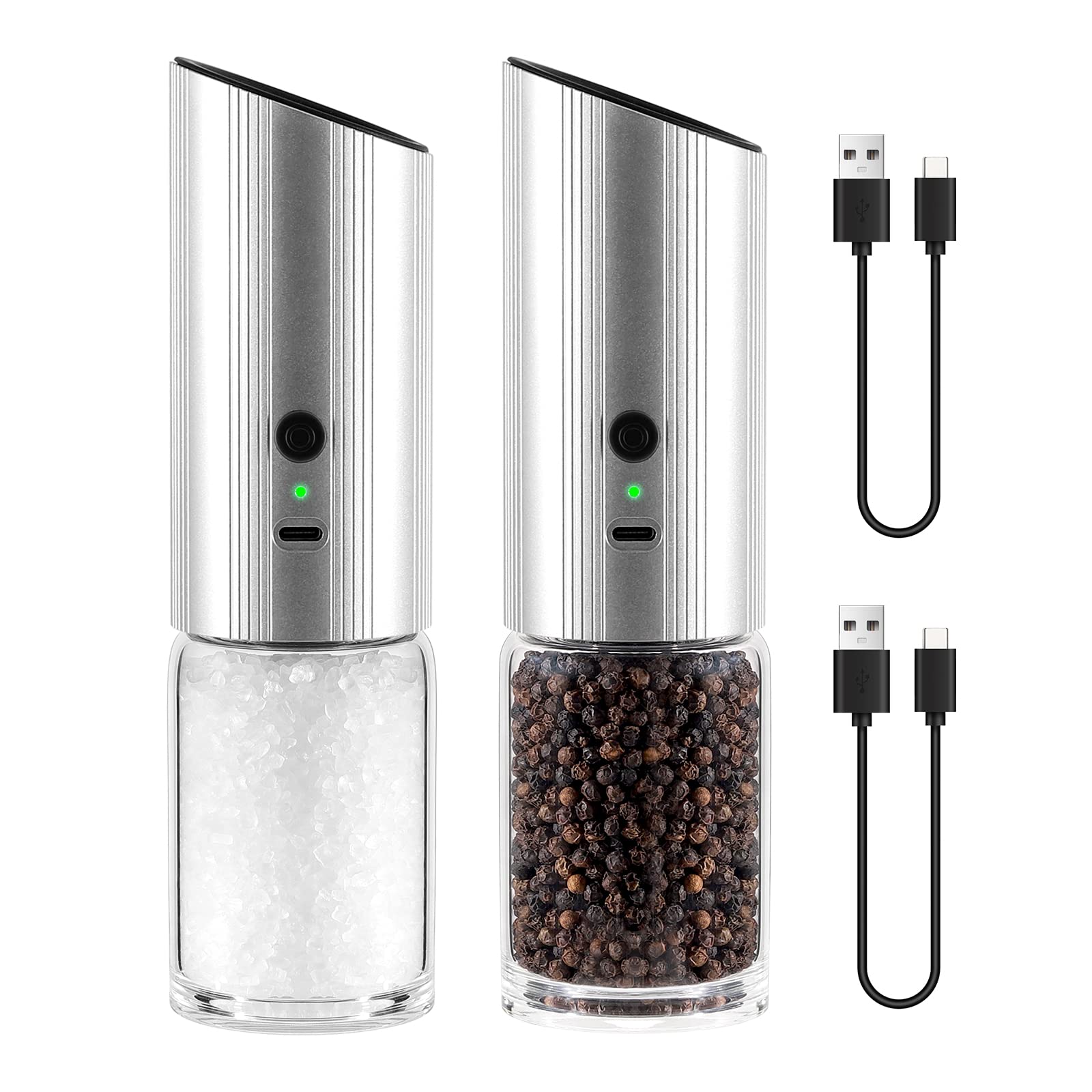 VEVOK CHEF Electric Salt and Pepper Grinder Set Larger Capacity 180 ml Automatic Operation Pepper Mill Grinders Electronic Spice Grinder with LED light Silver Stainless Steel Grinder