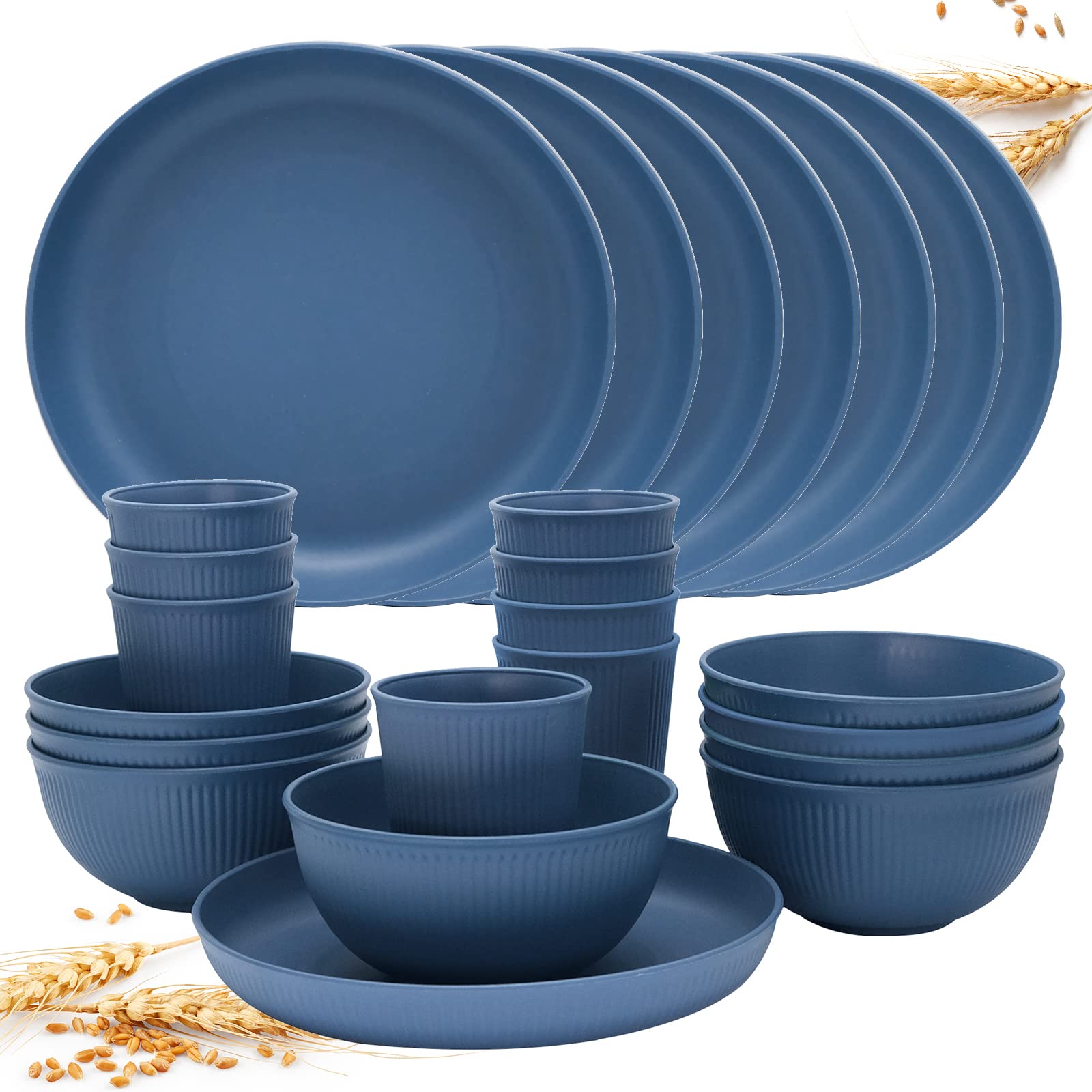 Wheat Straw Dinnerware Sets for 8, Osonm 24PCS Unbreakable Reusable Plastic Plates Bowls Cups Set, Dishwasher Microwave Safe Dishes Set for Camping, RV, Picnic, Kitchen, Dorm (Blue)