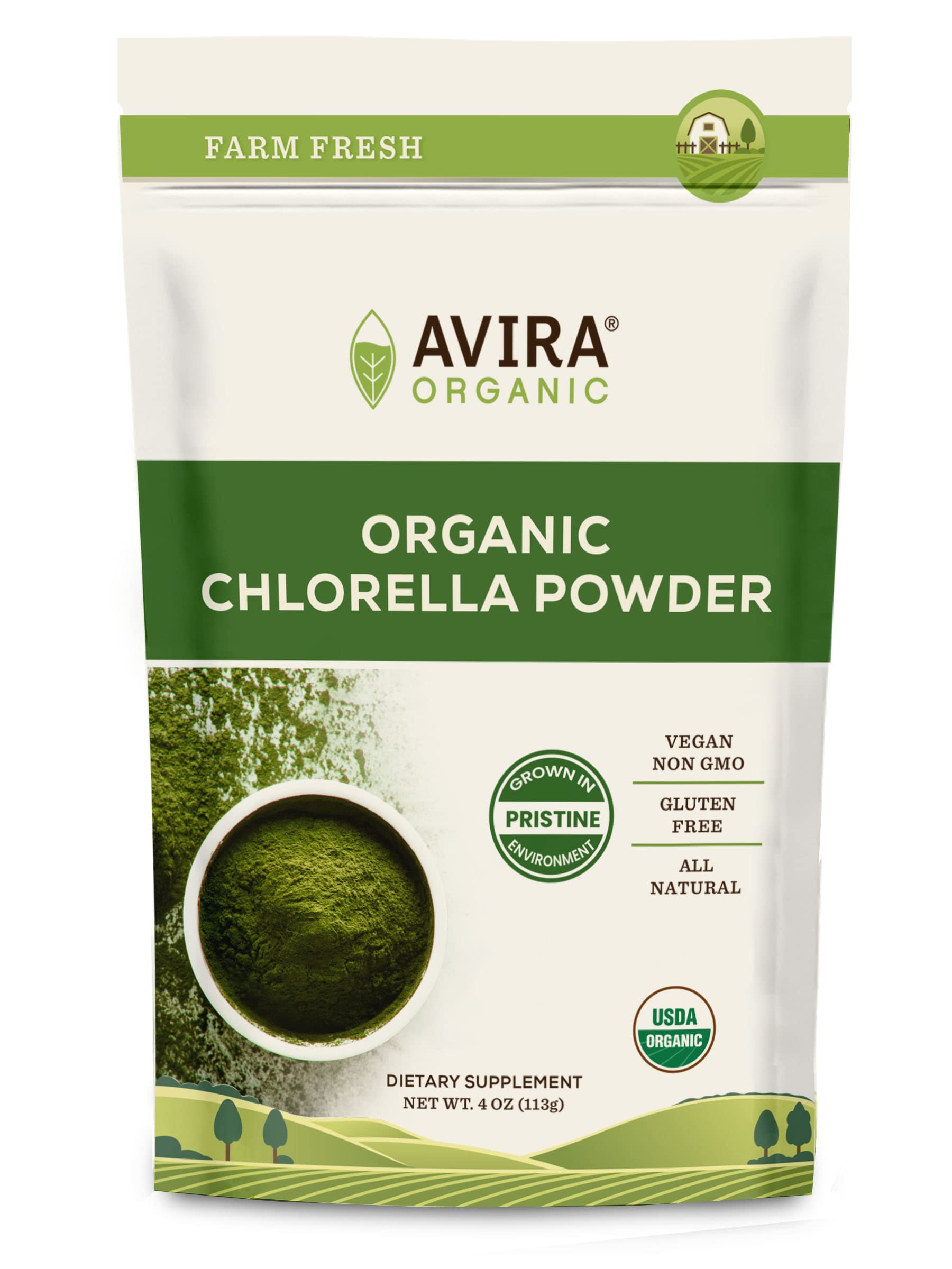 Avira Organic Chlorella Powder, Super Greens Powder Superfood, Broken Cell Wall, Grown in Pristine Environment, Vegan, Non-GMO, Easy to Mix in Smoothies, Green Juice and Food, Resealable 4 Oz Bag