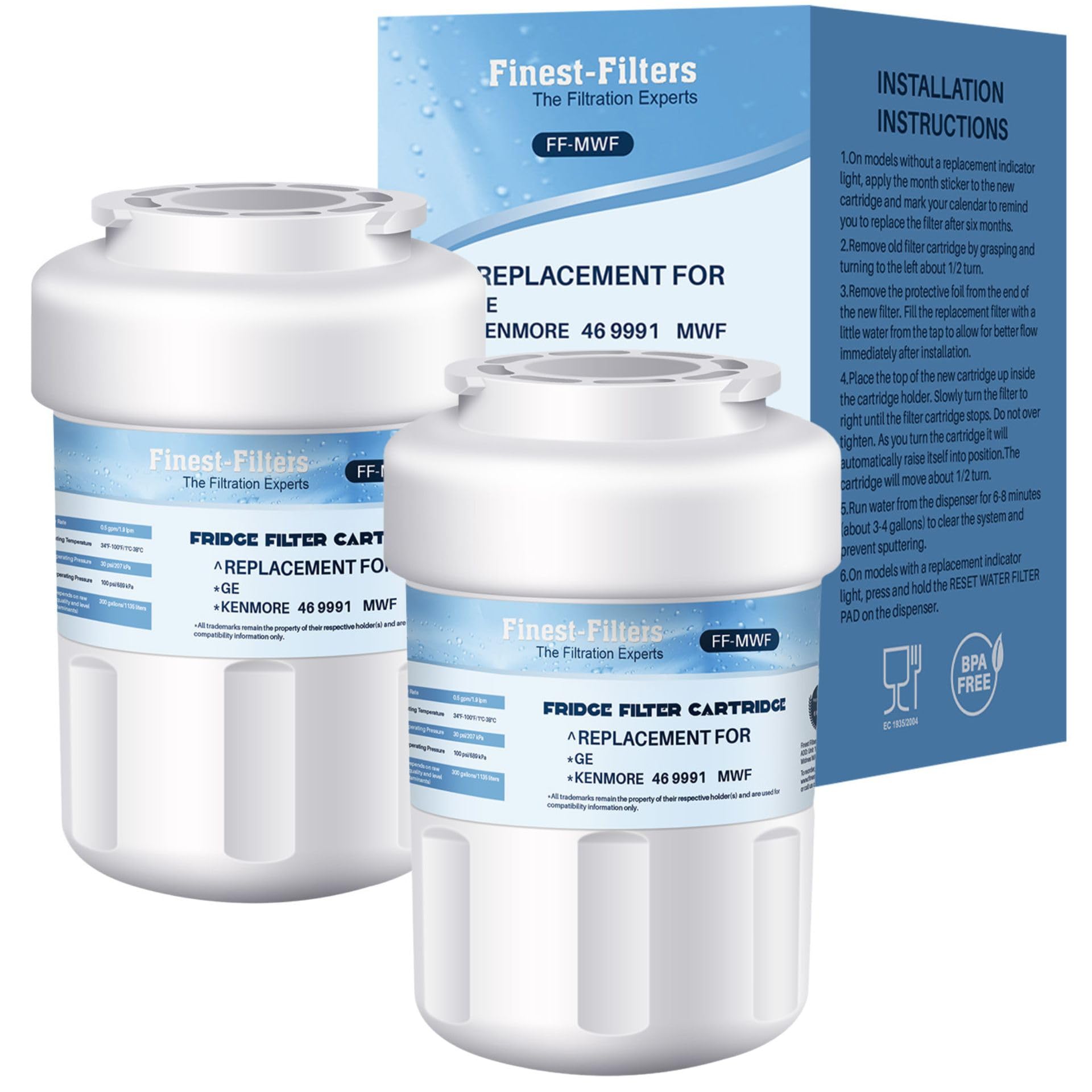 Fridge Freezer Water Filter Compatible with GE MWF, SmartWater, MWFP, MWFA, GWF, HDX FMG-1, WFC1201, GSE25GSHECSS, PC75009, RWF1060, 197D6321P006, Hotpoint HWF, HWFA, Kenmore (2 Pack)