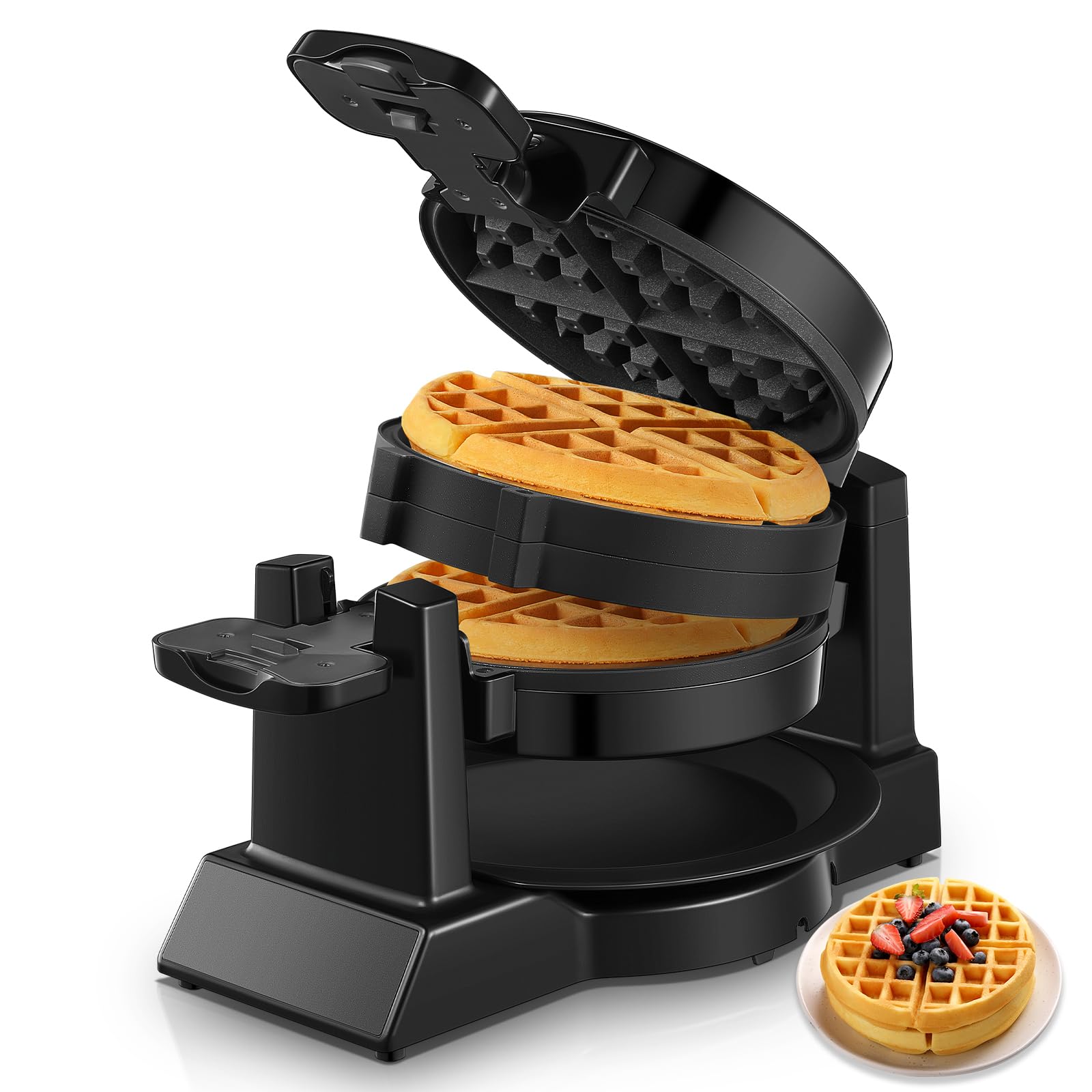 1400W Waffle Maker, Double Belgian Waffle Maker 180°Flip, Waffle Iron 8 Slices, Rotating & Nonstick Plates, Removable Drip Tray for Easy Clean, Locking Buckle & Cool Touch Handle, Black