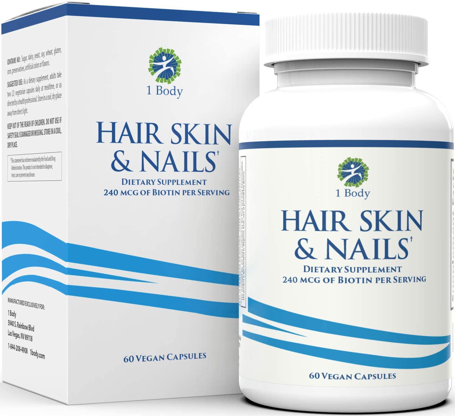 1 Body Hair Skin and Nails Vitamins with Biotin – Contains 26 Vitamins, Minerals and Herb Extracts – Hair and Nail Growth, Glowing Skin Supplements Formula for Men and Women – 60 Vegan Capsules