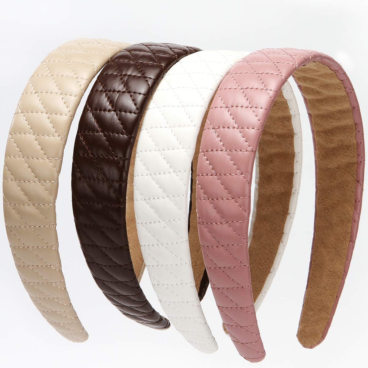 4PCS Checked Leather Wide Hard Headband Padded Headband Non-slip Fashion Hairband for Girls and Women (Begie+Dark brown+White+Pink)