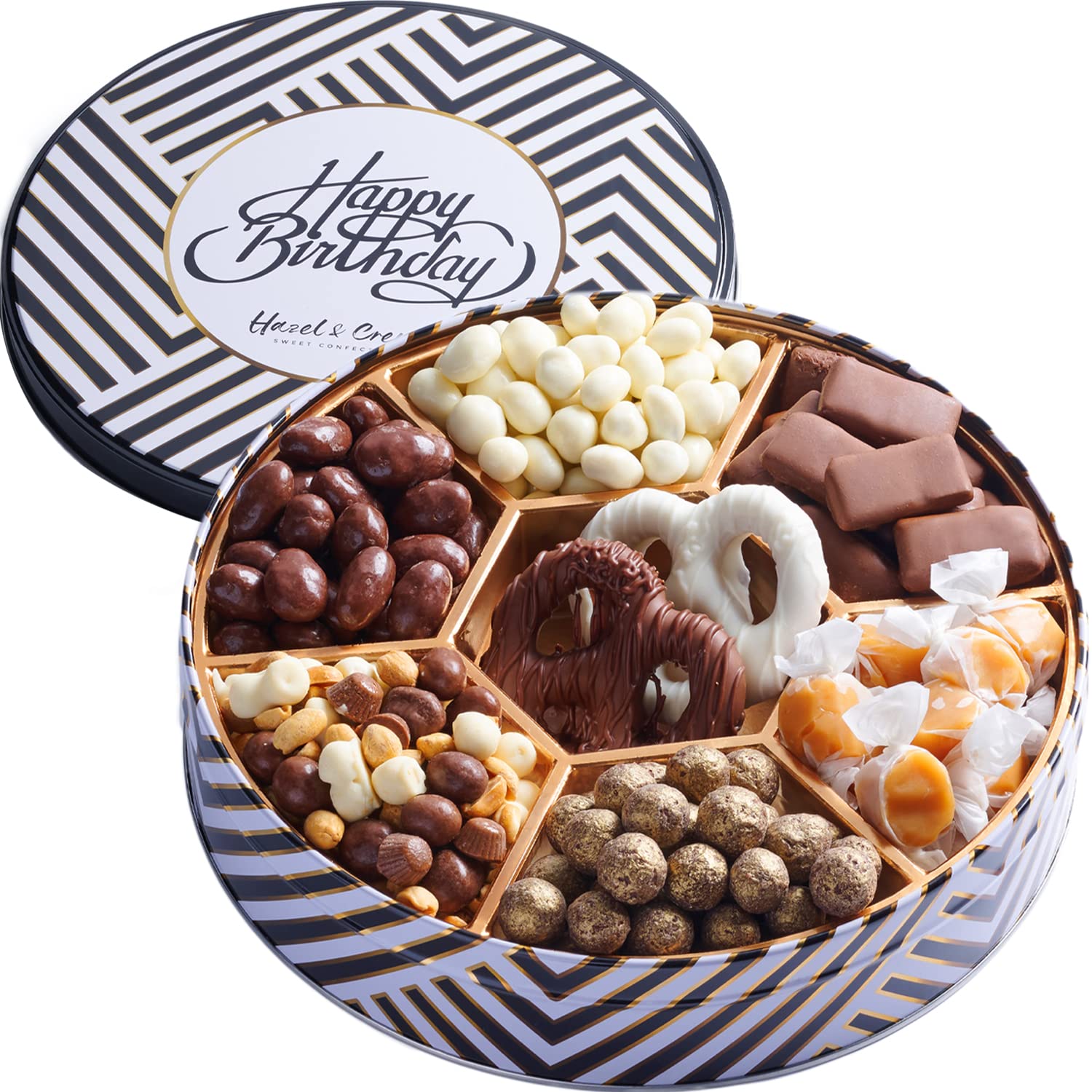 Hazel & Creme Birthday Tin Gift Box - HAPPY BIRTHDAY Gift Basket - Gourmet Chocolate Gift Box for Women/Men