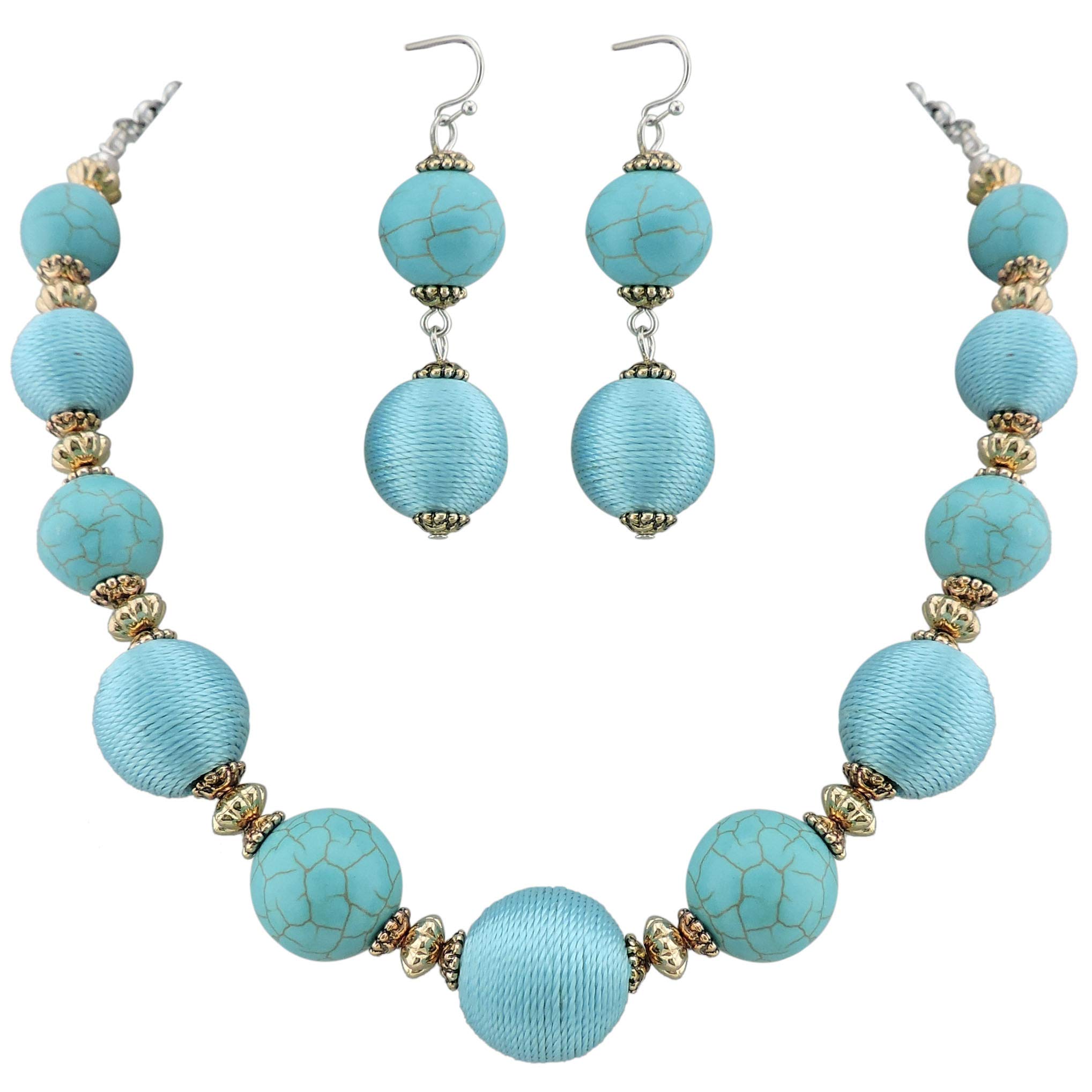 Simulated Turquoise Beads Strand Statement Necklace for Women with Earrings