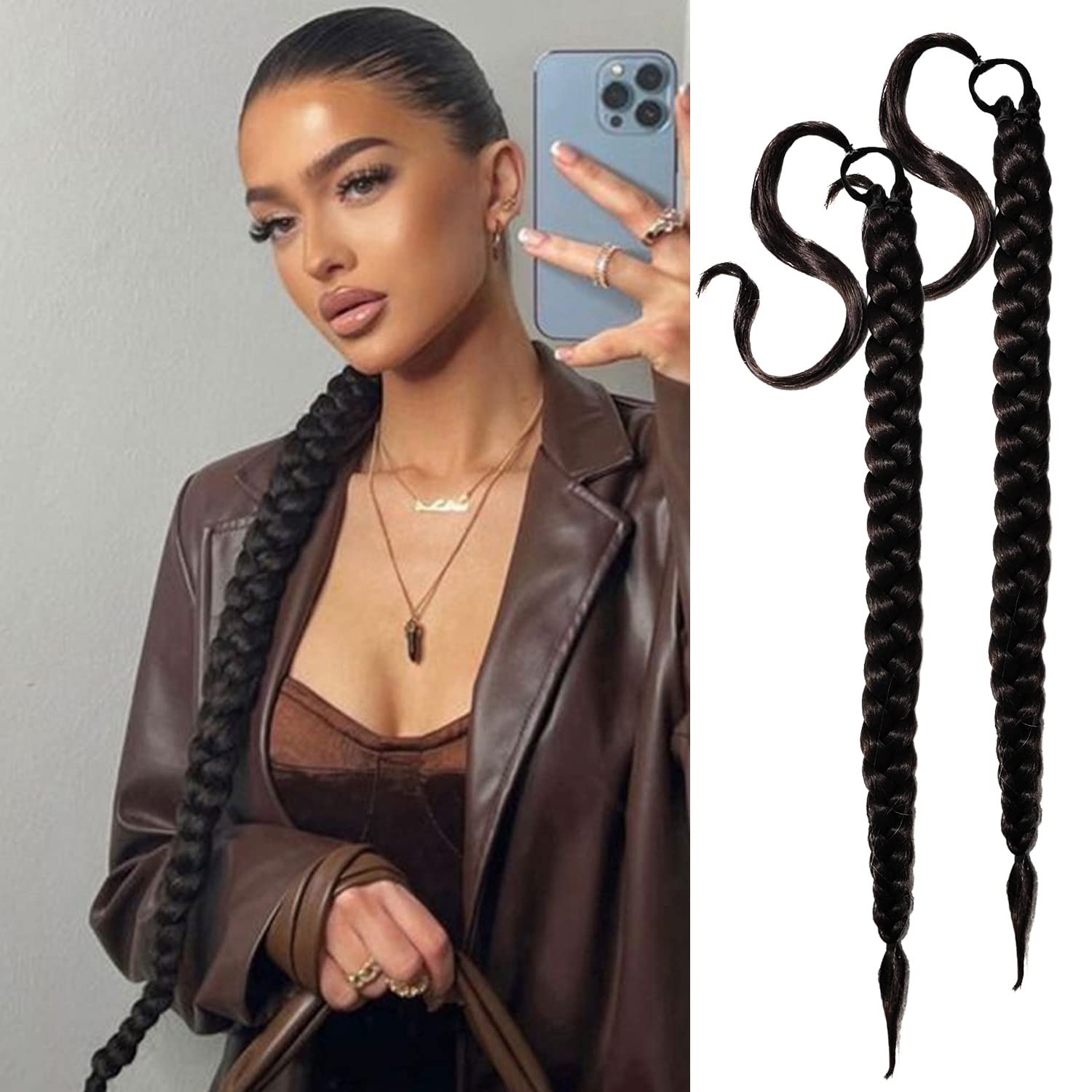 2 Packs Black Long Braided Ponytail Extension For Black Women Soft Synthetic Hair Piece For Women with Hair Tie Straight Wrap Around Ponytail Braided Hair Extensions pre Stretched 30 Inch