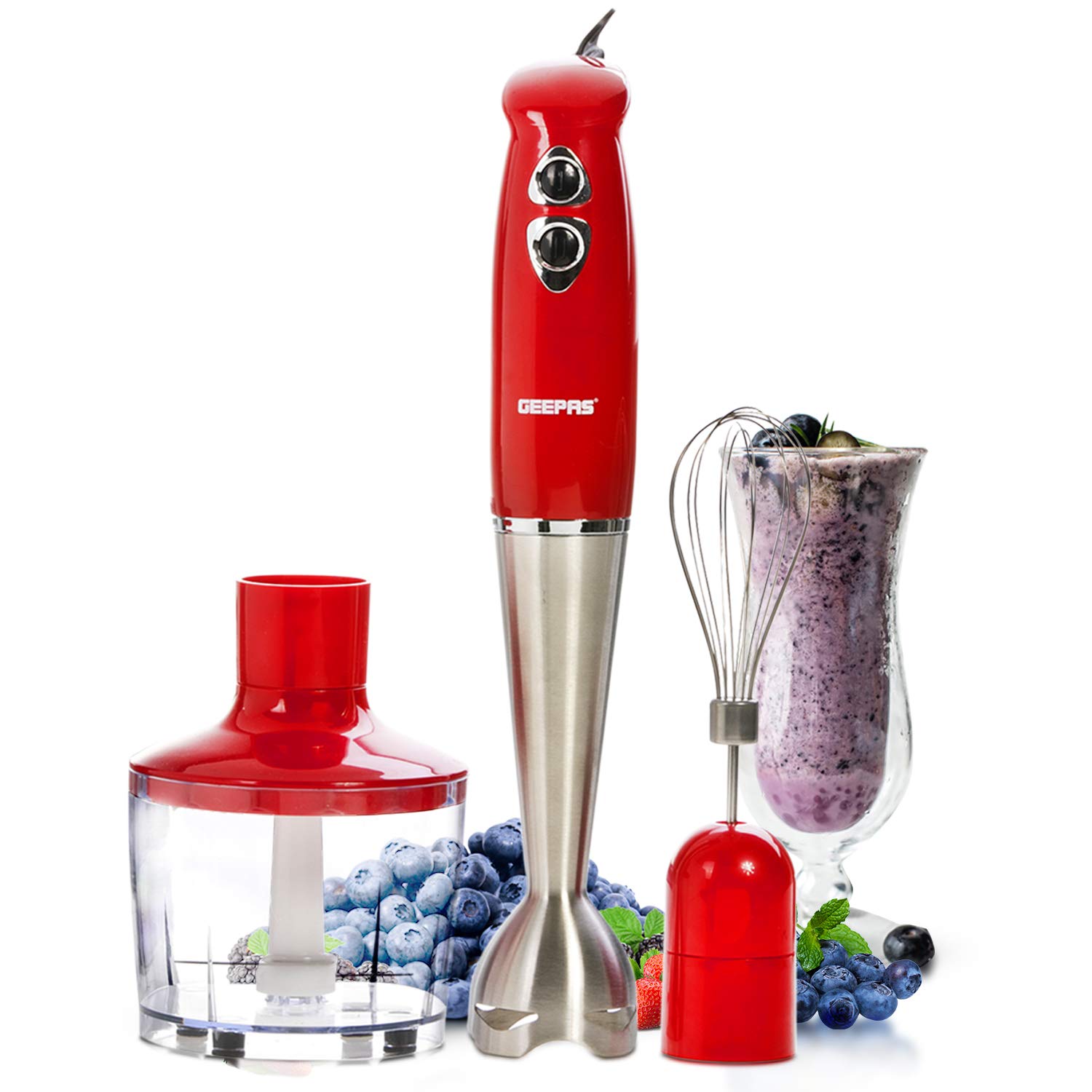 Geepas GHB6136 400W Hand Blender - Stainless Steel Blades with 2 Speed for Baby Food, Soup, Juice | 860ml Chopper Bowl & Electric Egg Whisk - 2 Years Warranty