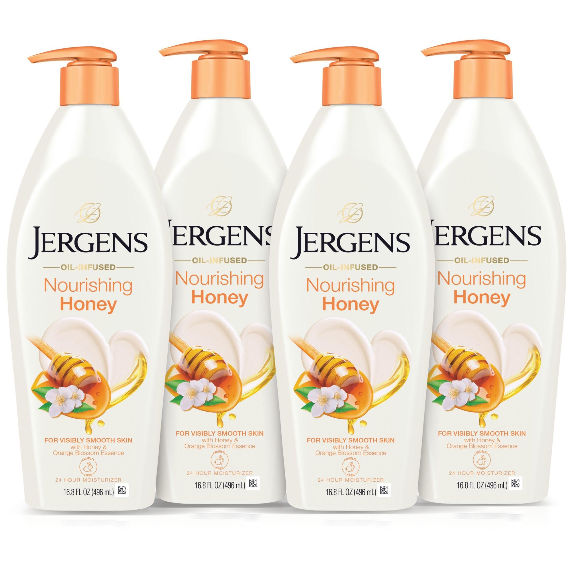 Jergens Nourishing Honey Dry Skin Moisturizer, with Illuminating Hydralucence Blend, Skin Nourishing Formula, Dermatologist Tested,16.8 Fl Oz (Pack of 4) (Packaging May Vary)