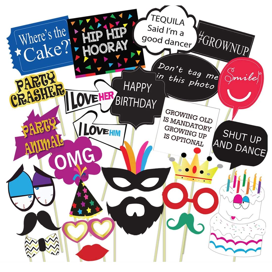 Party Propz Birthday Photo Booth Props - Set of 26Pcs | Party Props for Adults with Funny Crown Face Mask, Hats, Beard Happy Face, Mustache Prop for kids | Birthdays Parties Items Decorations Supplies