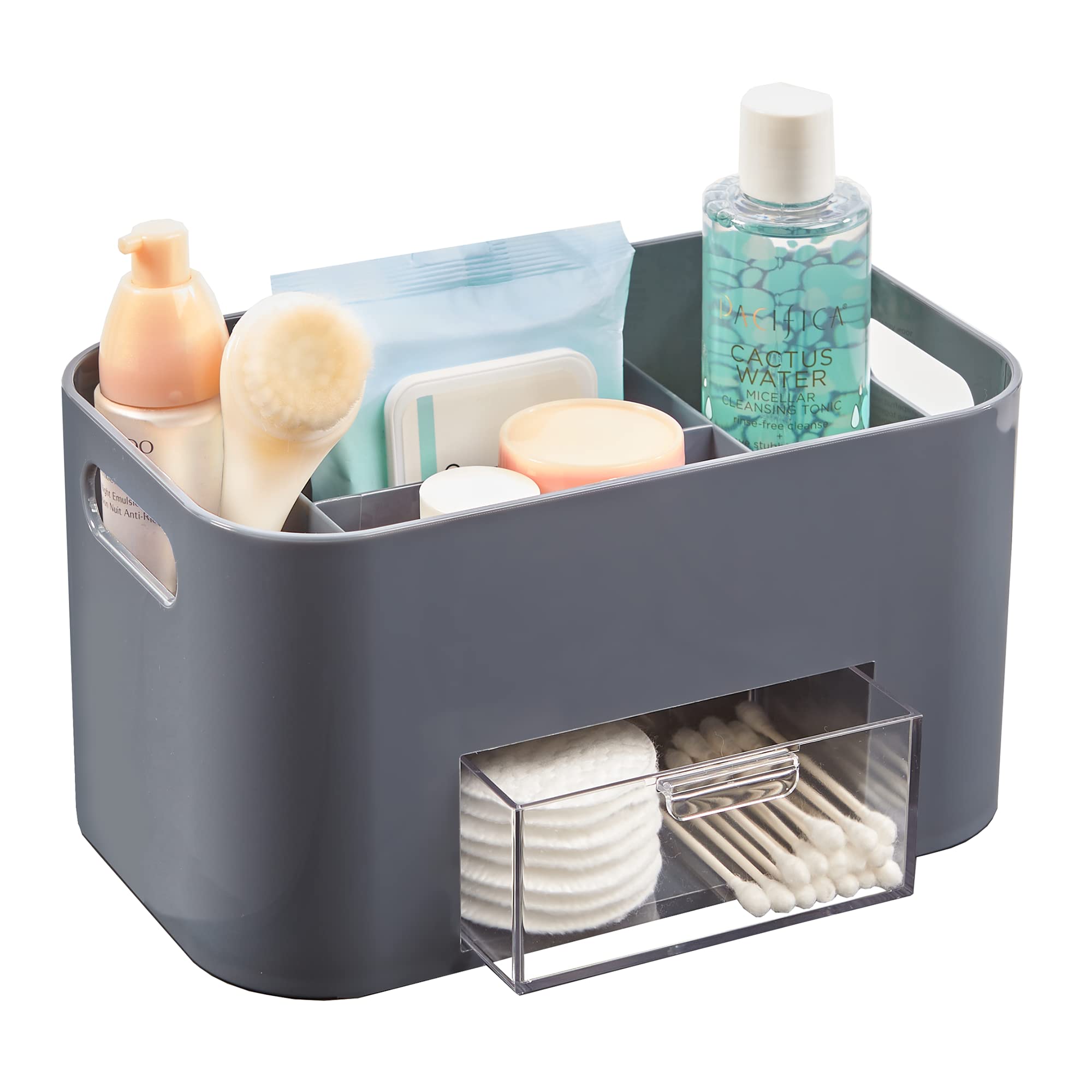 STORi Bliss Grey Makeup Organizer for Countertop, Divided Bathroom Organizer & Storage Drawer, Makeup Brush Holder, Cosmetic & Nail Polish Organizer, Made in USA