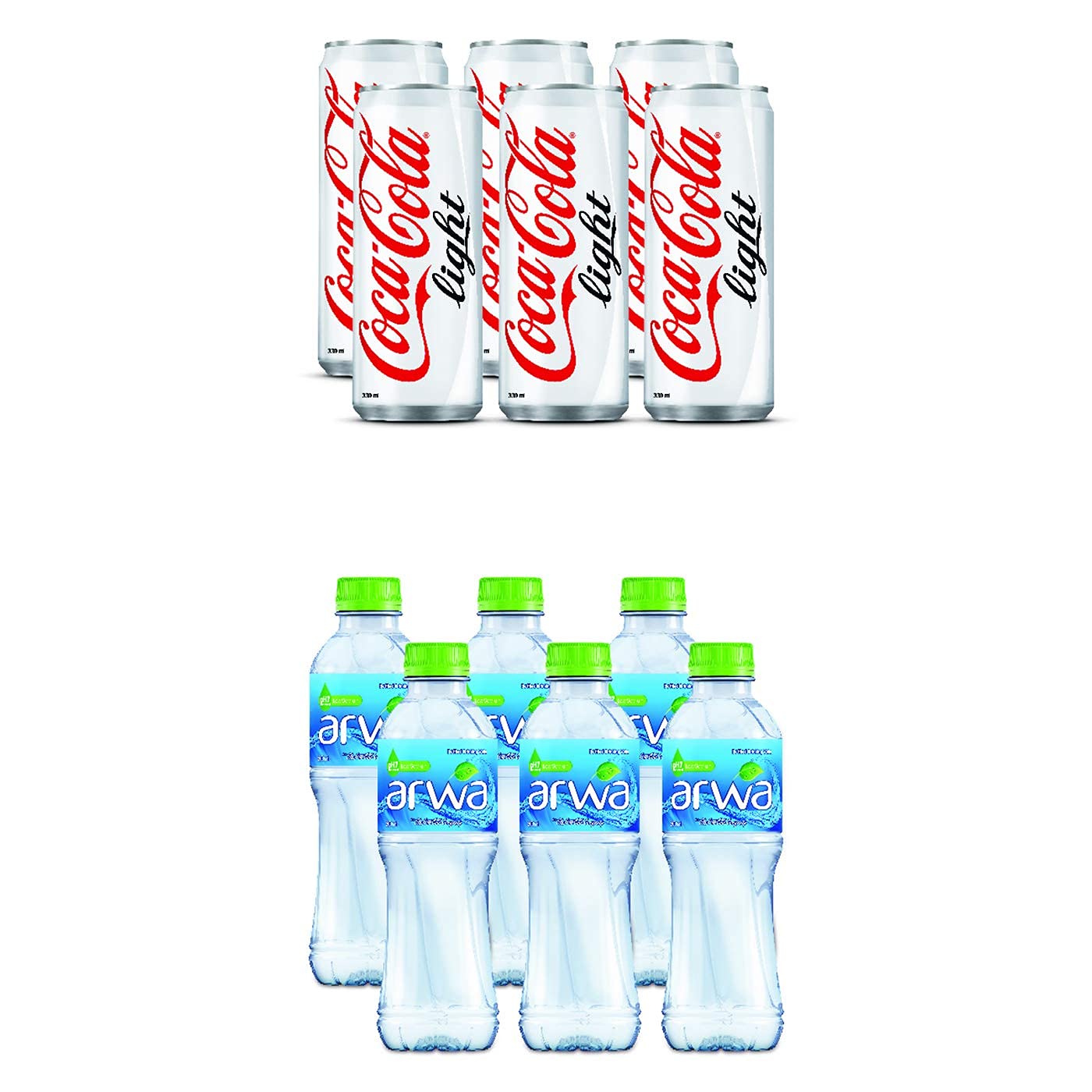 Coca-Cola Light Carbonated Soft Drink In Can, 330 Ml (Pack Of 6) + Arwa Drinking Water, 500 Ml (Pack Of 6)