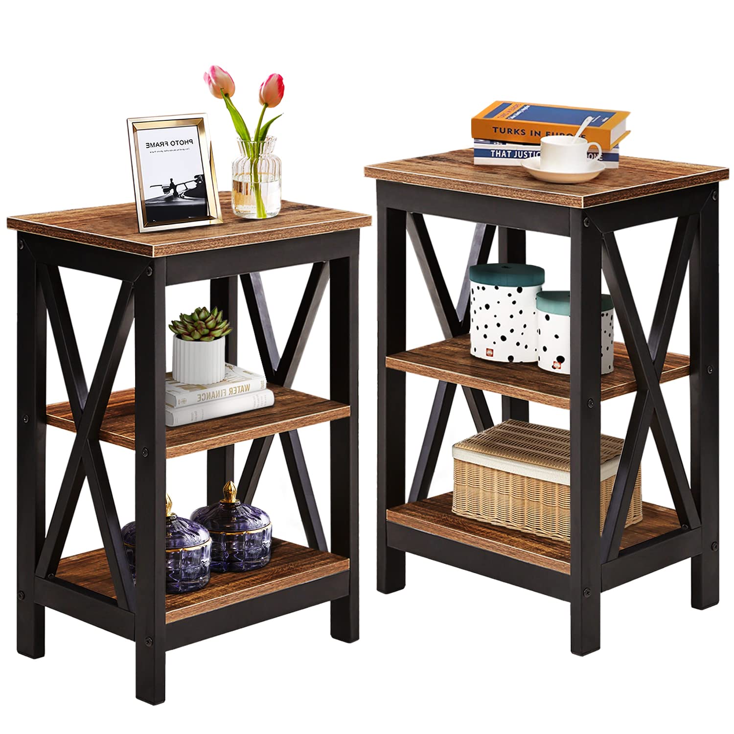 VECELO Versatile Side/End Table with Storage Shelf Nightstands for Living Room,Bedroom Furniture (Set of 2), Shelves, Retro Brown