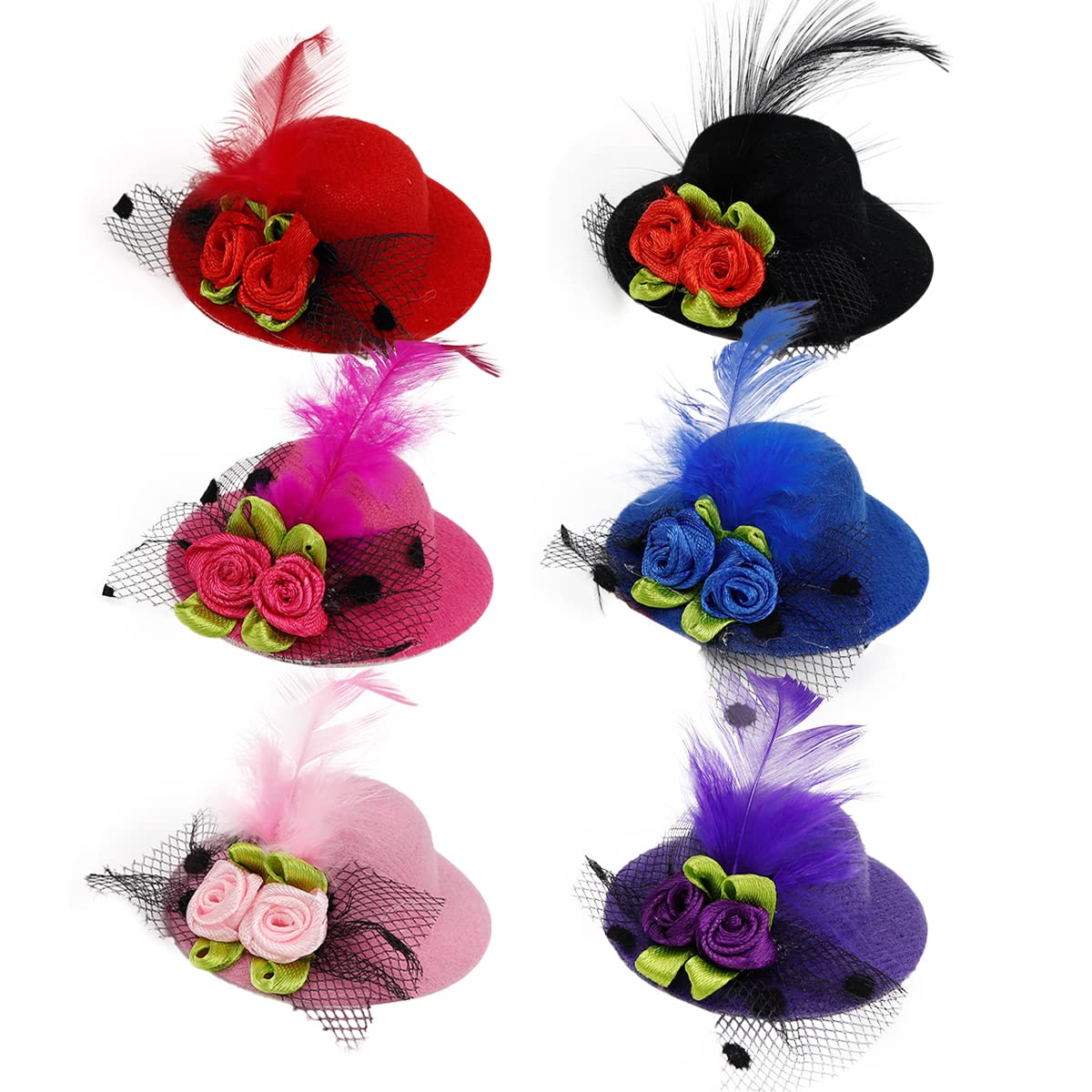 FERCAISH 8 Pcs Mini Hat Hair Clips, Mini Top Hats Decorative with Flowers Hair Accessories Faux Feather Mesh Bow Hair Barrette Hair Hairpin for Kids Toddler Girls Costume Accessory