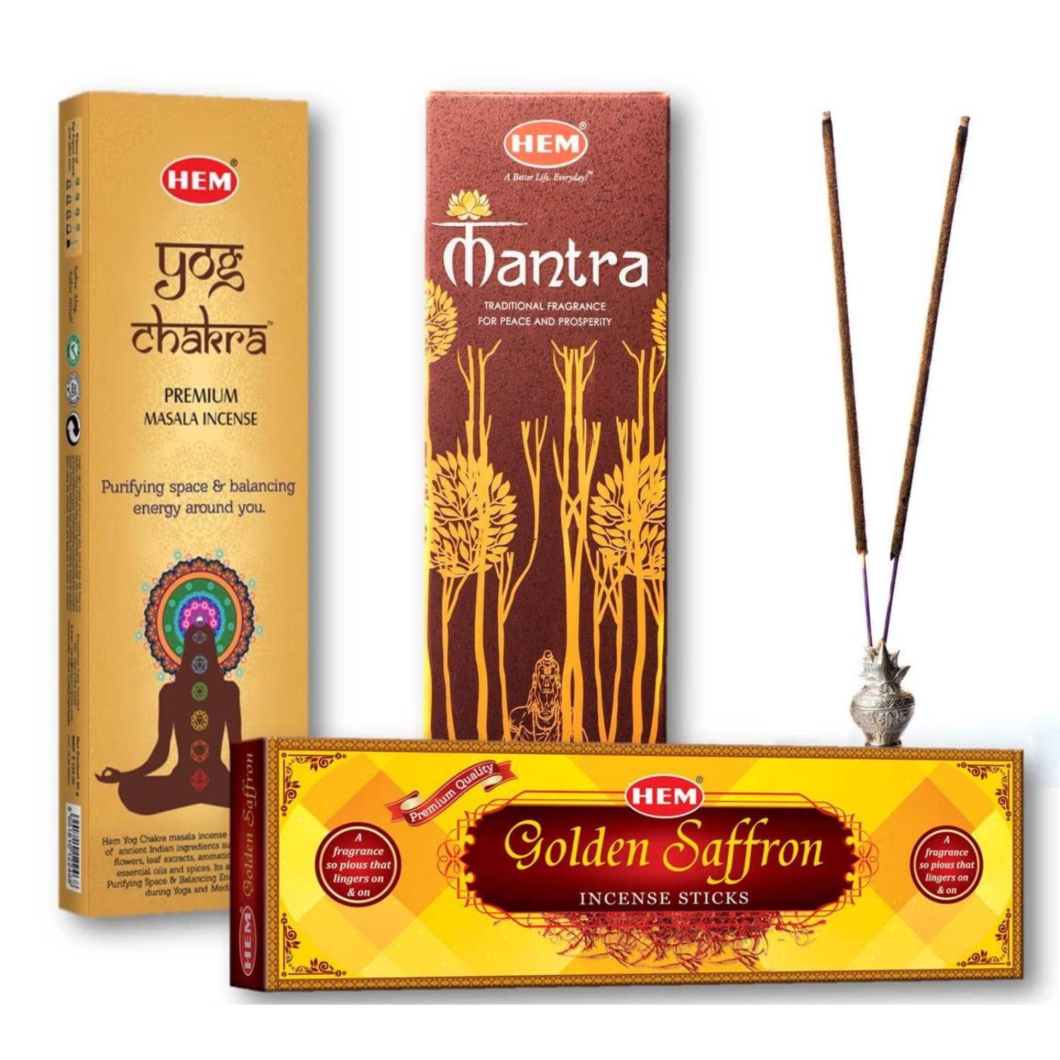 HEM Premium Masala Combo Incense Sticks Pack of 3 Agarbatties [Mantra Masala 50gm + Yog Chakra 50gm + Golden Saffron 50gm] |Woody| Spicy | Citrus Fragrance | Agarbatti for Pooja