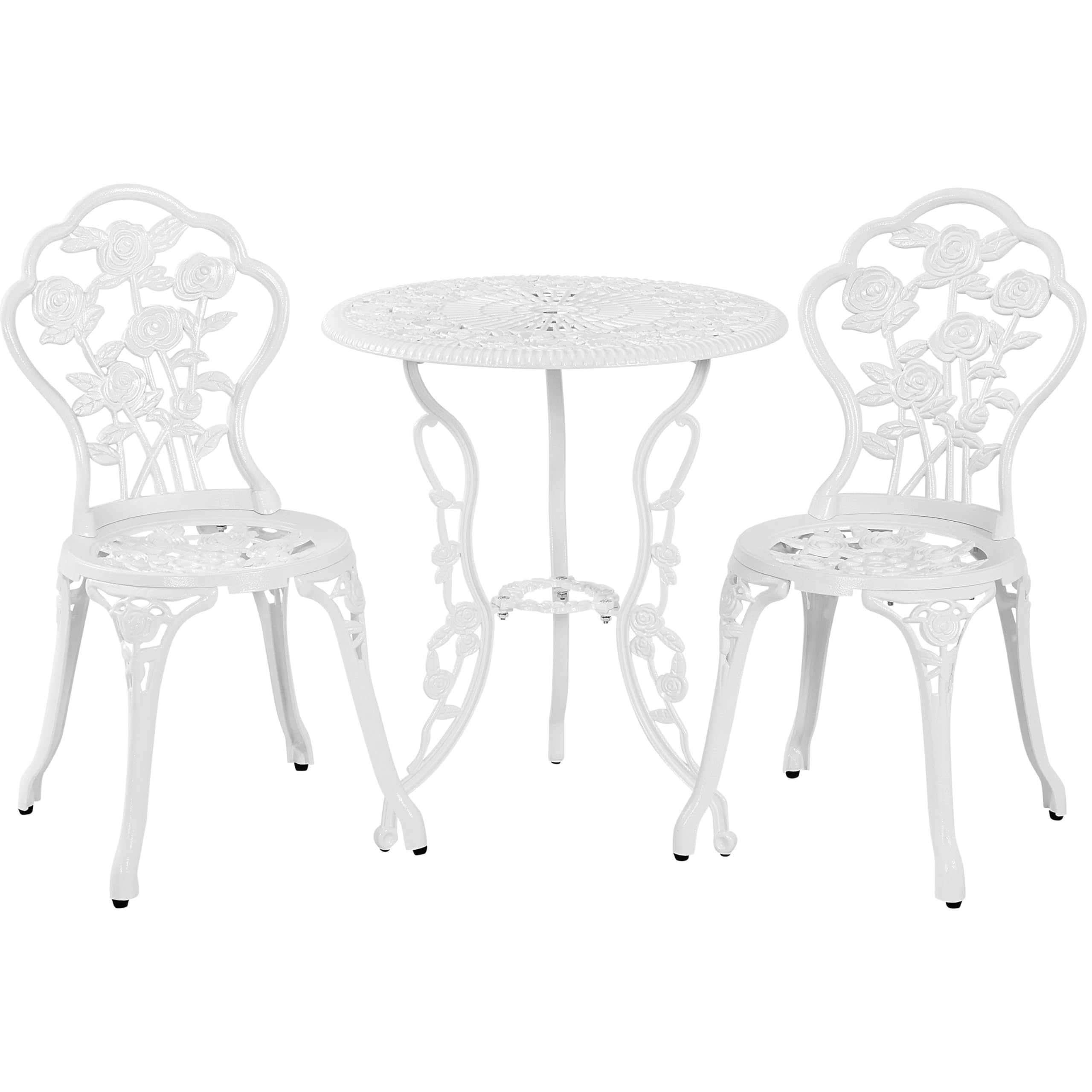 costoffs 3 Piece Bistro Table Set, Cast Aluminum Antique Outdoor Seat with Umbrella Hole, Rose Design Garden Furniture Set Dining Set for Patio Poolside Garden Balcony, White