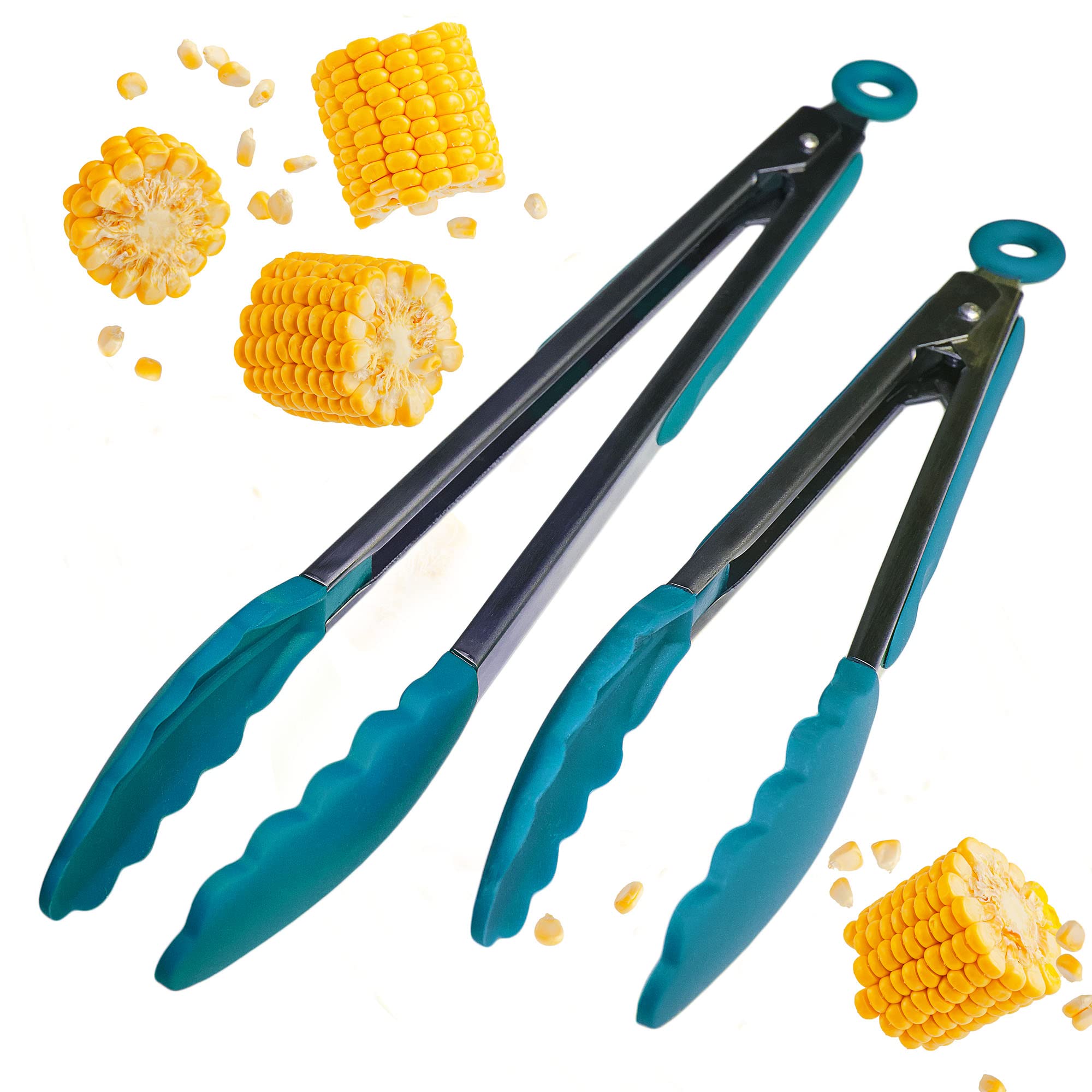 StarPack Basics Silicone Kitchen Tongs Set of 2 (9-Inch & 12-Inch) - Stainless Steel with Non-Stick Silicone Tips, High Heat Resistant to 480°F, For Cooking, Serving, Grill, BBQ & Salad (Teal Blue)