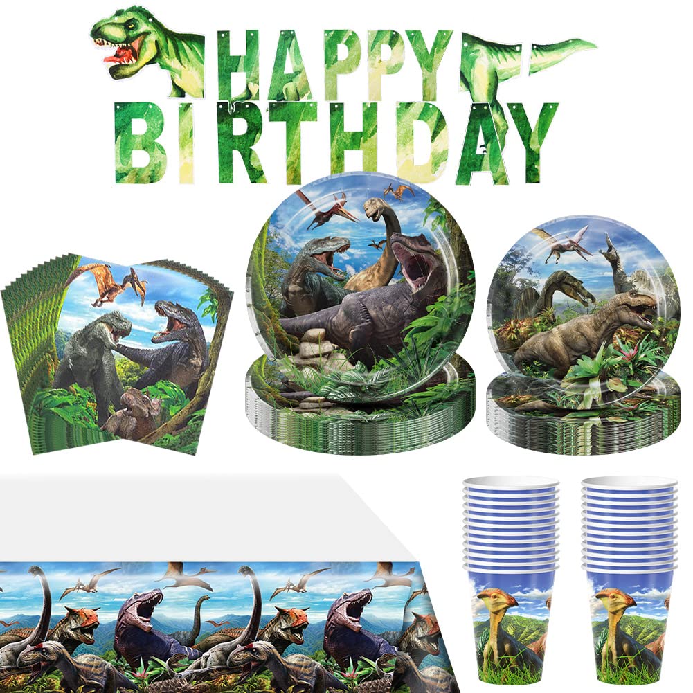 Amycute 82Pcs Dinosaur Party Supplies 20 Guests - Kids Boys Birthday Dinosaur Party Tableware Includes Dinosaur Party Plates Napkins Cups Banners Kids Birthday Themed Party Decorations