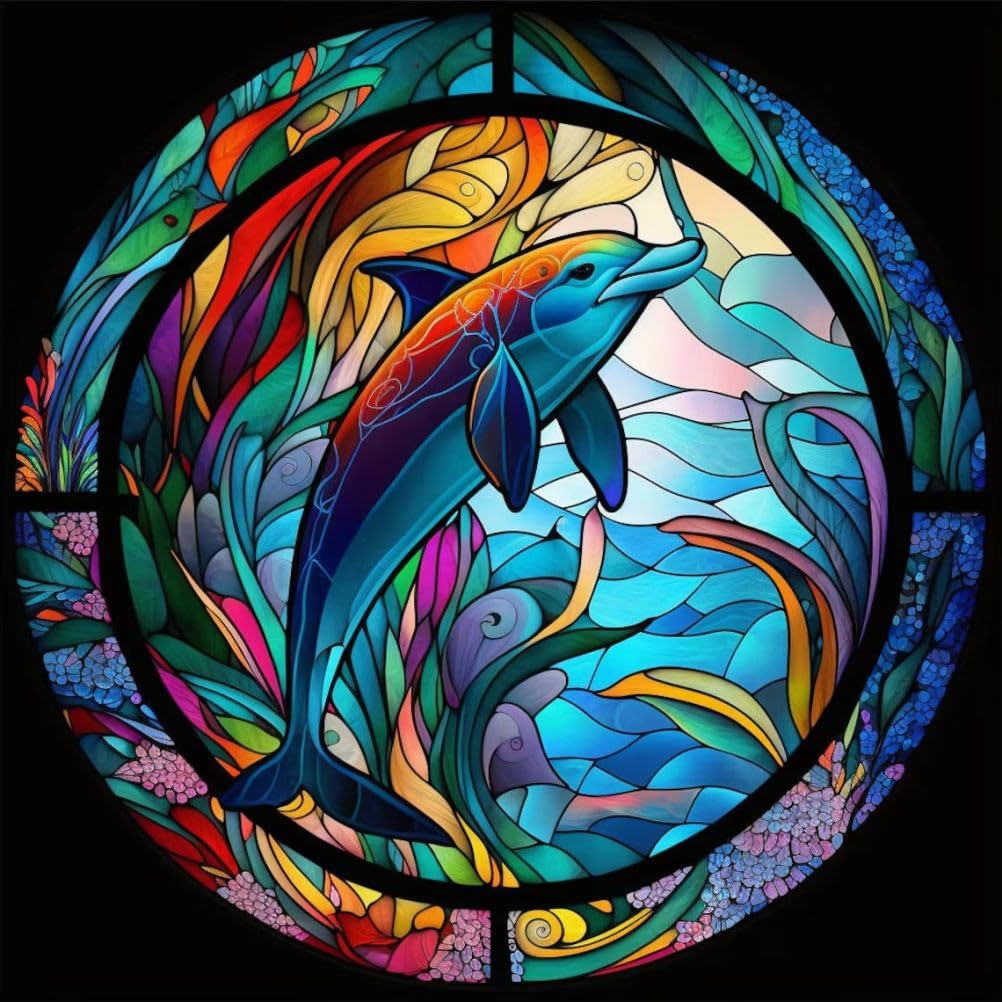 5D Diamond Painting Kits Dolphin Stained Glass DIY Diamond Full Round Drill Diamond Art Painting for Adults with Accessories for Home Wall Decor 30x30cm/11.8x11.8in