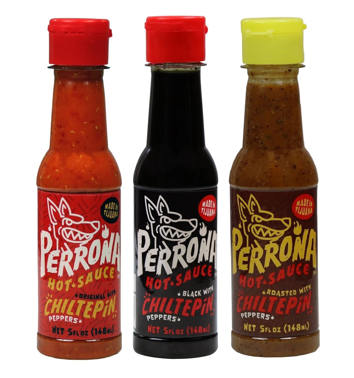 La Perrona Hot Sauce Variety | Chiltepin, Roasted and Black | 5 Ounce Bottles | Handmade | Salsa Picante 3 Pack