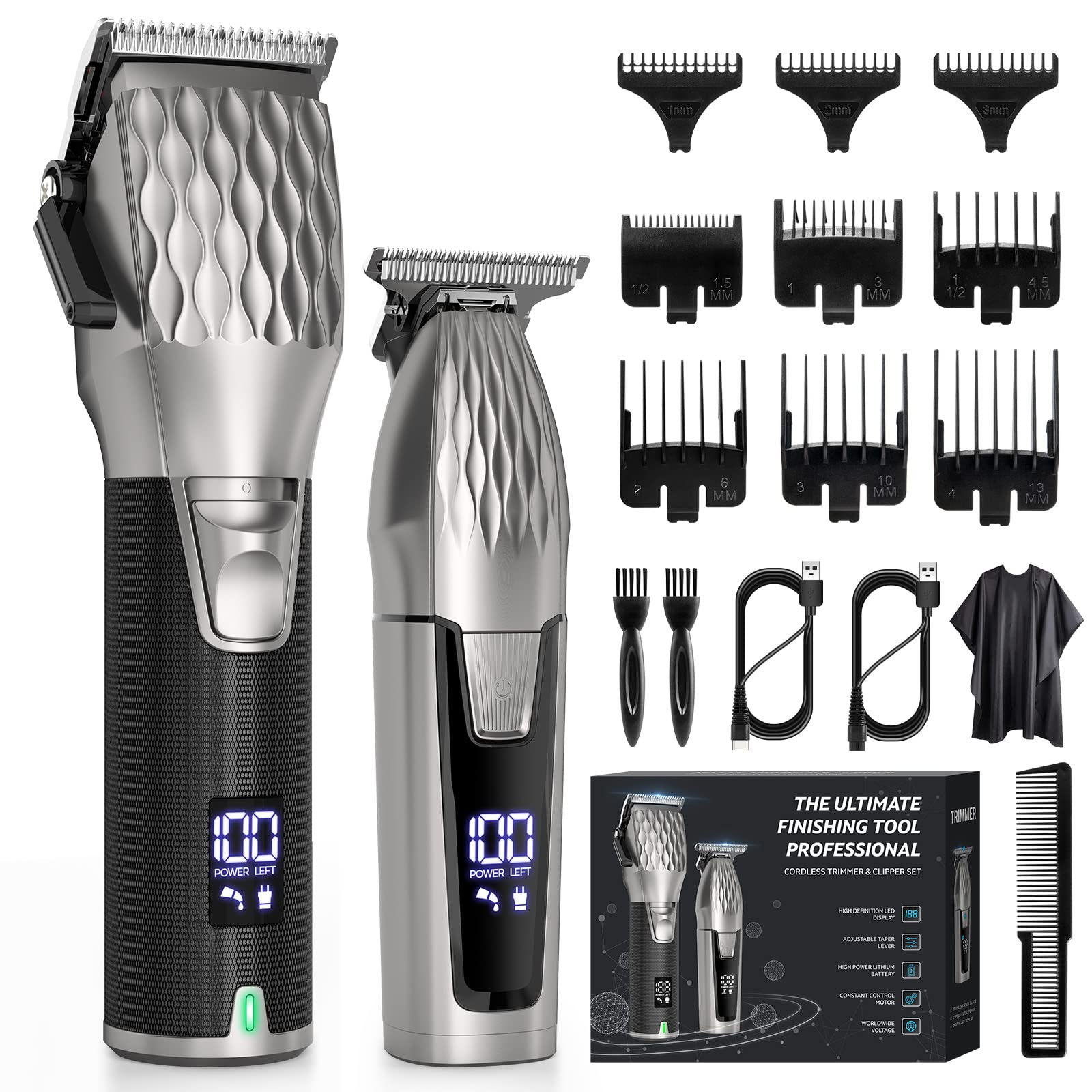 Professional Hair Clippers for Men, Professional Barber Clippers and Trimmer Set, Cordless Beard Trimmer Haircut Grooming Kit Gift for Men Women Kids Grey