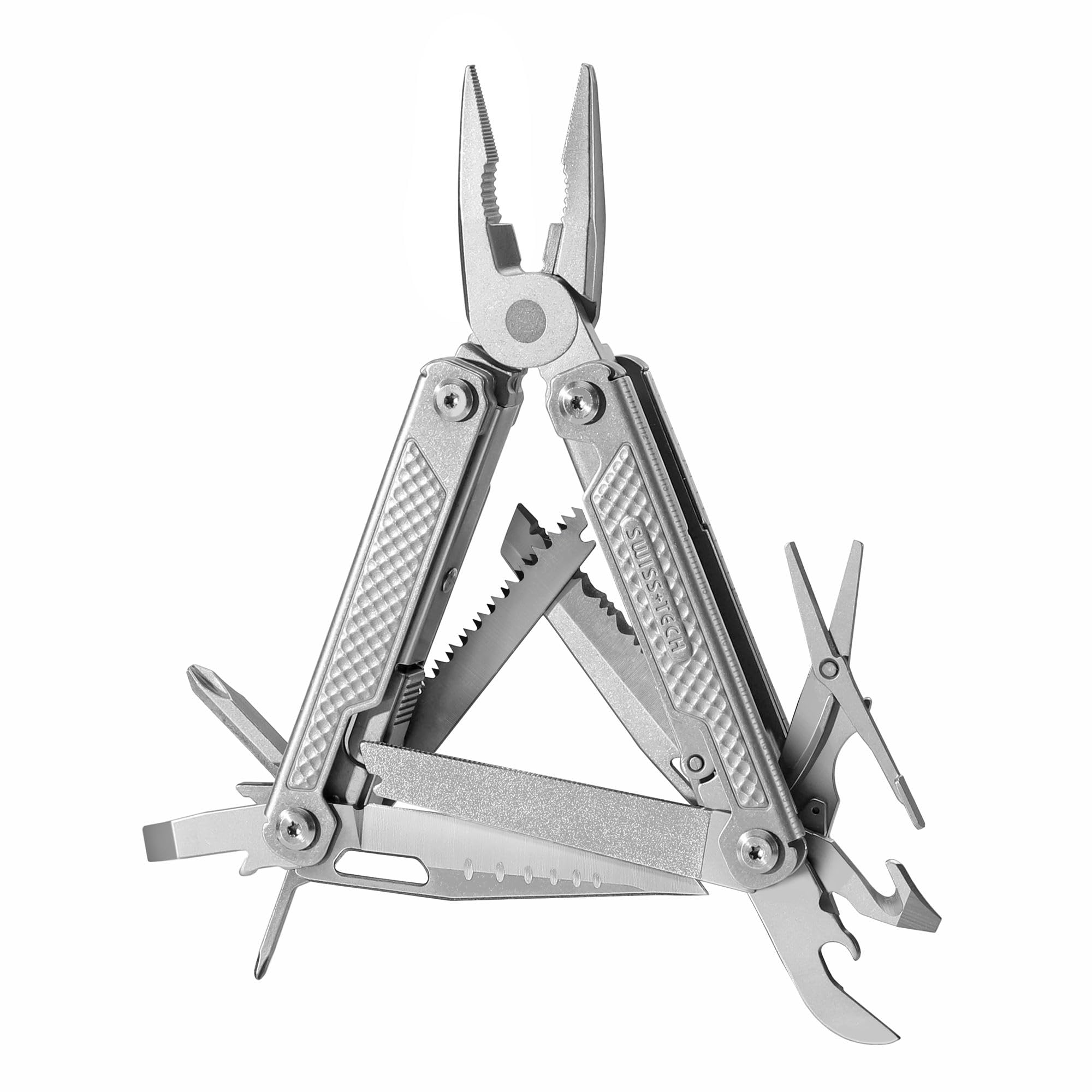 Swiss+Tech Multi-Tools EDC, 17 in 1 Multitool Pocket Pliers, Wire/Rope Cutter, Can Opener, Screwdrivers, Wood Saw, Scissors, File, Multitool Pliers for Camping Hiking Repairing