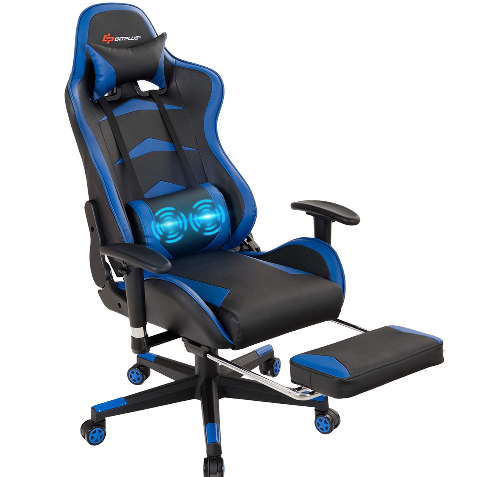 POWERSTONE Massage Gaming Chair with Footrest Ergonomic Office Computer Game Racing E-Sports Chair Lumbar Massage Pillow Footrest Headrest High-Back Leather Recliner Rolling Swivel Chair, Blue