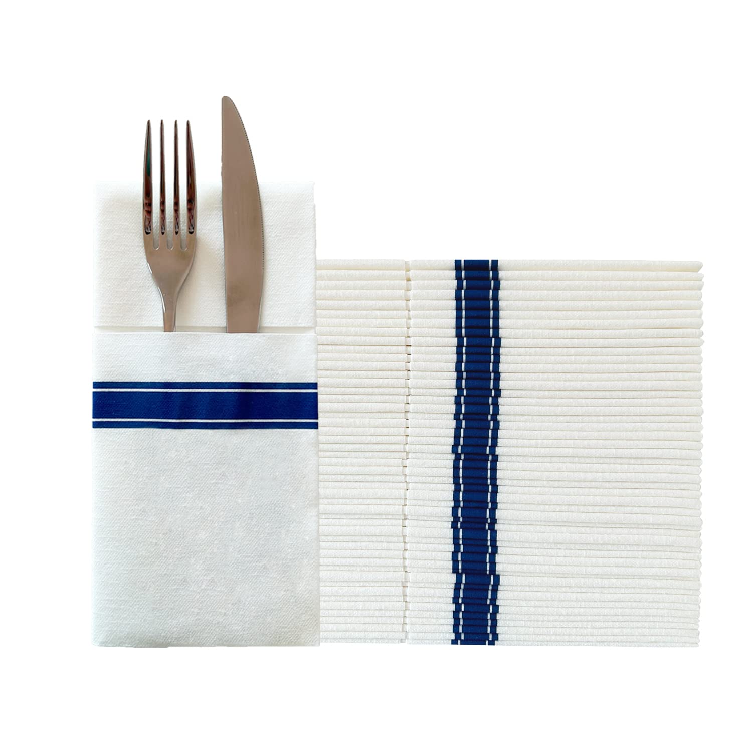 KMAKII 100 Pack Paper Dinner Napkins with Built-in Flatware Pocket Disposable Paper Hand Napkins for Parties, Weddings, Events Linen-Feel 16x16 inches-Blue Stripe…