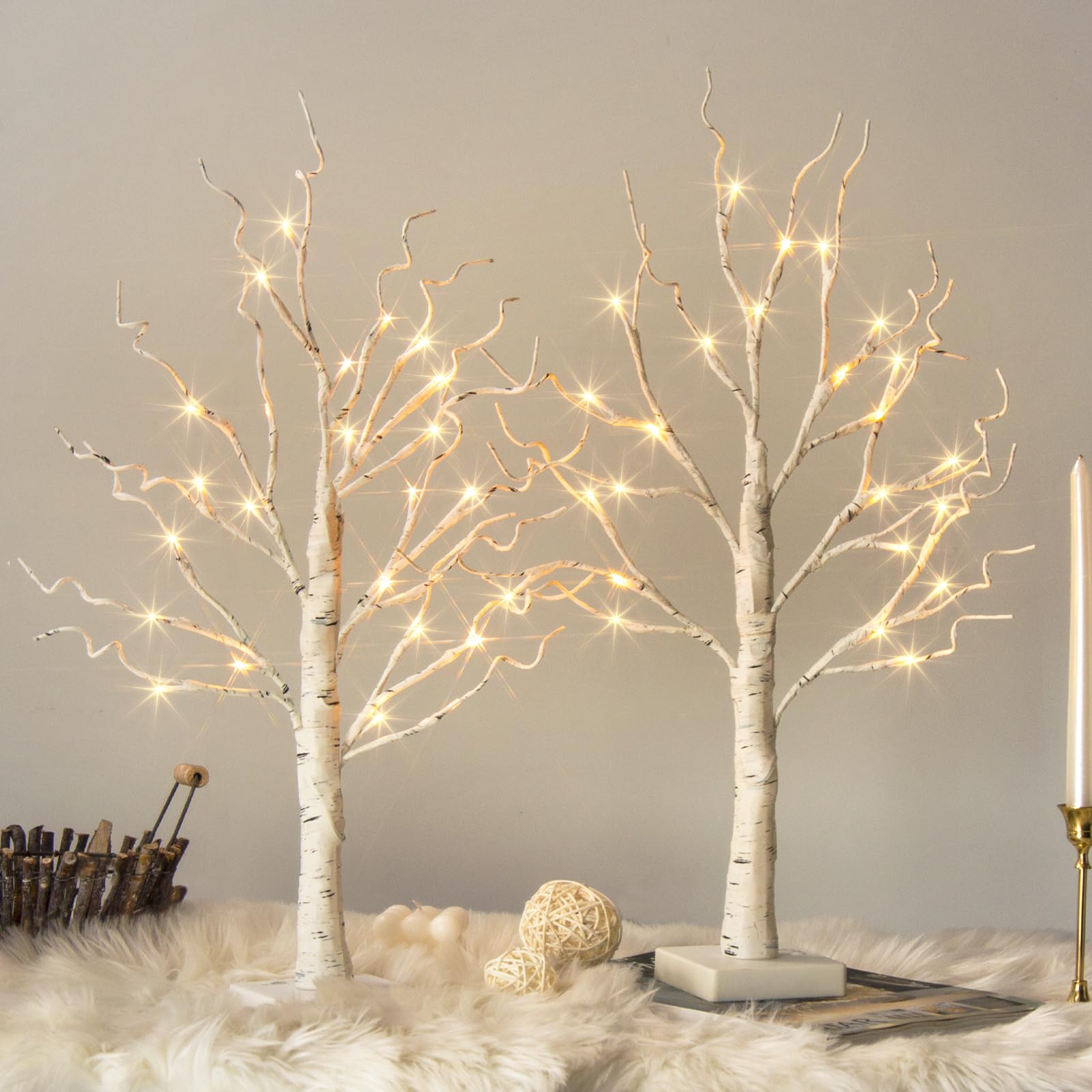 Vanthylit White Birch Tree with LED Lights - Set of 2, LED Tabletop Tree with Timer, Christmas Decorations Lighted Tree for Indoor Mantel Home Decor (2 FT, 24 LED)