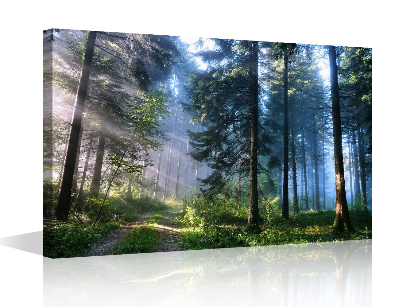 Canvas Wall Art Forest-01 Morning Pictures Modern Large Nature Canvas Art Contemporary Green Big Trees Road Sunrise Foggy Woods Landscape for Kitchen Office Home Decoration 24'' x 36''