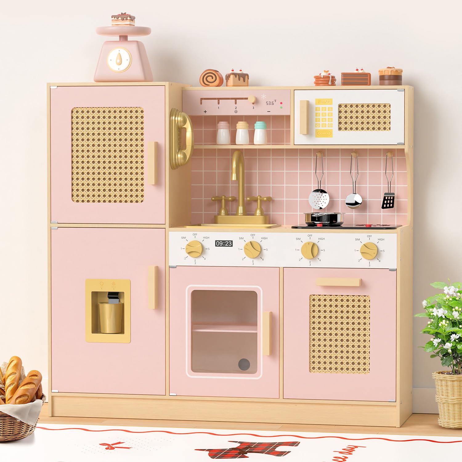 Babytronic Wooden Kitchen Playset for Kids, Pink Pretend Play Kitchen with Lights & Sounds, Retro Style Toy Kitchen for Toddlers Ages 3+, Wooden Play Kitchen Set with Realistic Design (Pink)