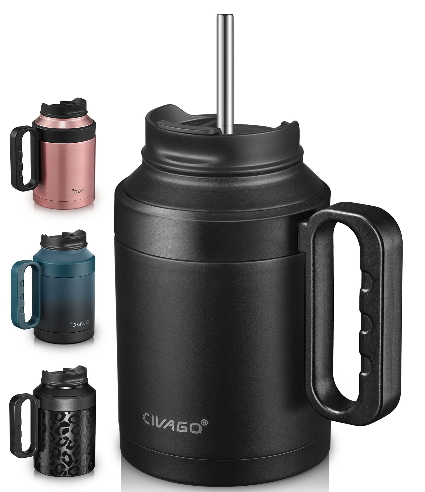 CIVAGO 50 oz Insulated Tumbler Mug with Lid and Straw, Vacuum Travel Coffee Mug with Handle, Double Wall Stainless Steel Water Cup Bottle, Black