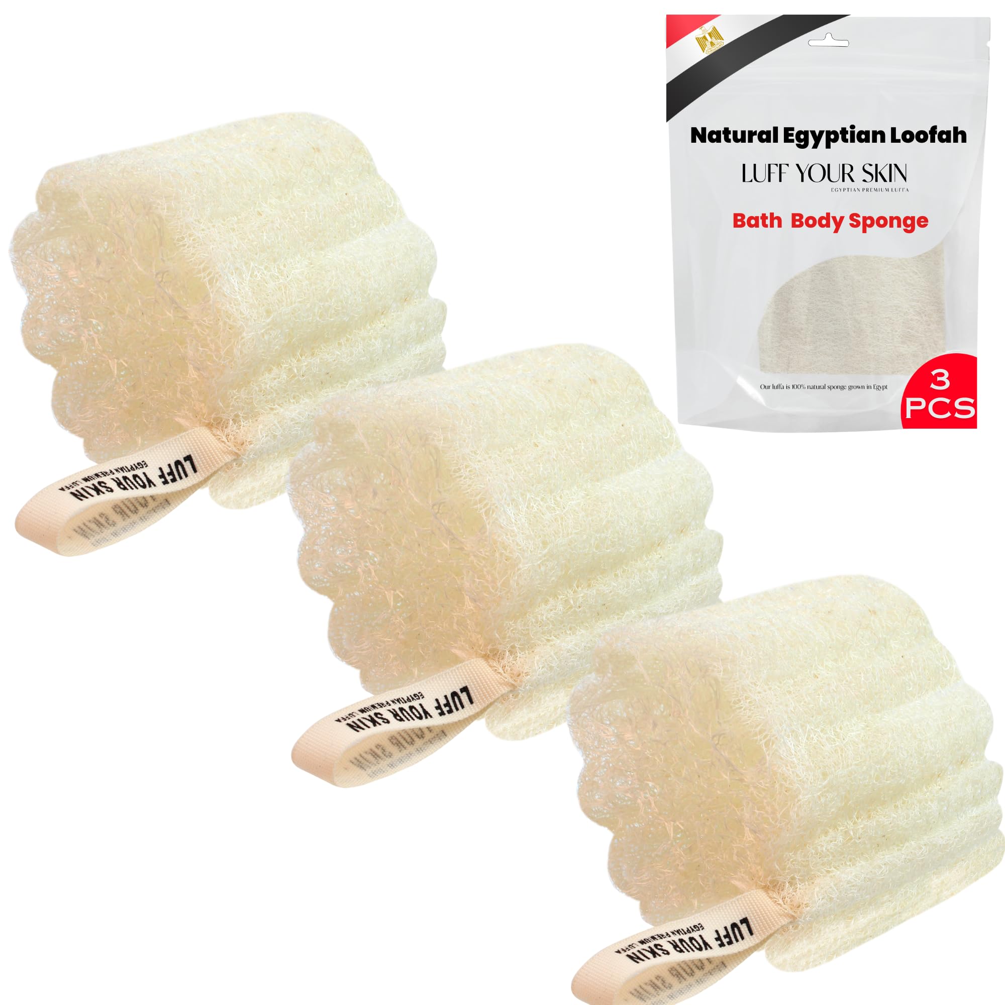 LUFF YOUR SKIN Natural Loofah Sponge - Made with 100% Egyptian All Natural Luffa Sponges - Bath Sponges for Shower for Men & Women - Loofah Exfoliating Body Scrubber & Dead Skin Remover - Pack of 3