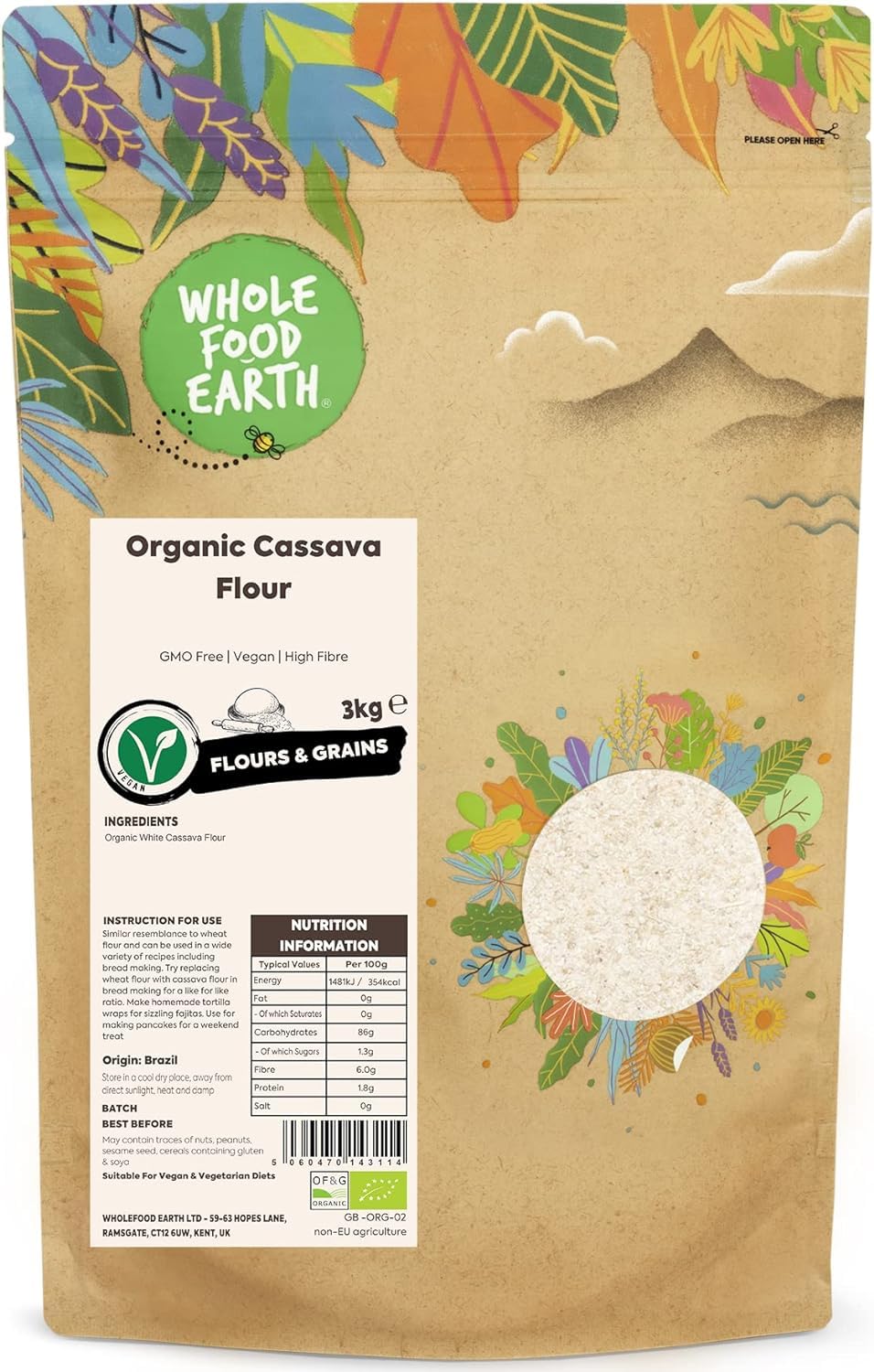 Wholefood Earth Organic Cassava Flour – 3 kg | GMO Free | Vegan | High Fibre | Certified Organic