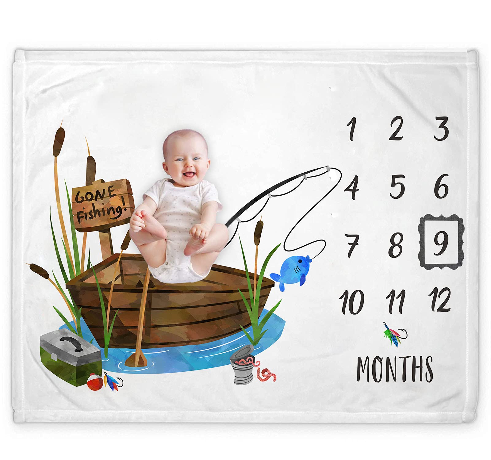 Yuzioey Fishing Baby Monthly Milestone Blanket, Gone Fishing Baby Boy Growth Chart Milestone Photo Blanket, Fishing Boat Newborn, Includes Marker (50"x40")