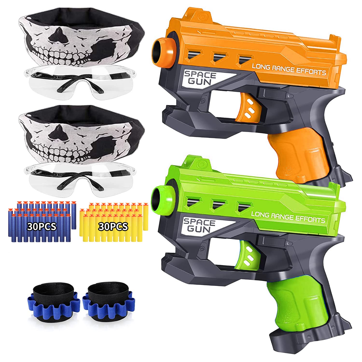 Masroo 2 Pack Blaster Guns Boys Toy-with 60 Bullets &2 Wristbands, Blaster Guns Toy Age for 4-9 Christmas Birthday Gifts &2 Safety Glasses/Face Masks for 6+ Year Old Kids Games Toys