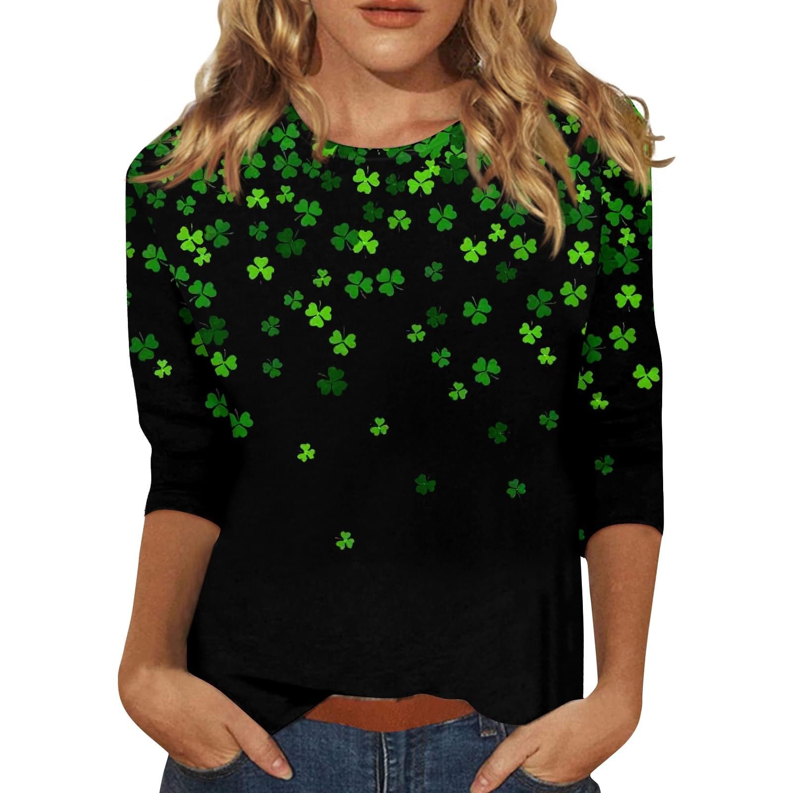 WujiJiaSt Patricks Day Shirt for Women, 3/4 Sleeve Green Irish Shamrock T-Shirt Cute Graphic Tees 2024