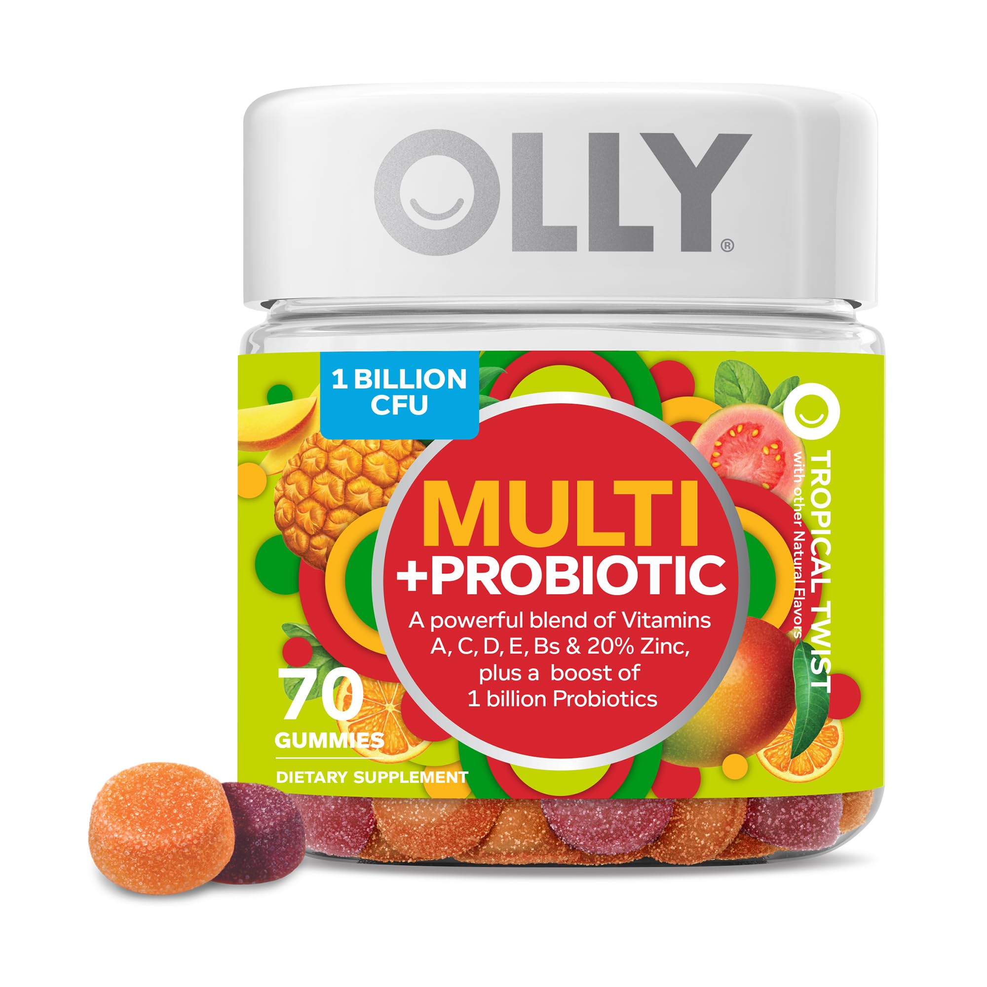 OLLYMulti + Probiotic Adult Multivitamin Gummy, 1 Billion CFUs, Digestive and Immune Support Chewable Supplement, 35 Day Supply (70 Gummies), Tropical Twist