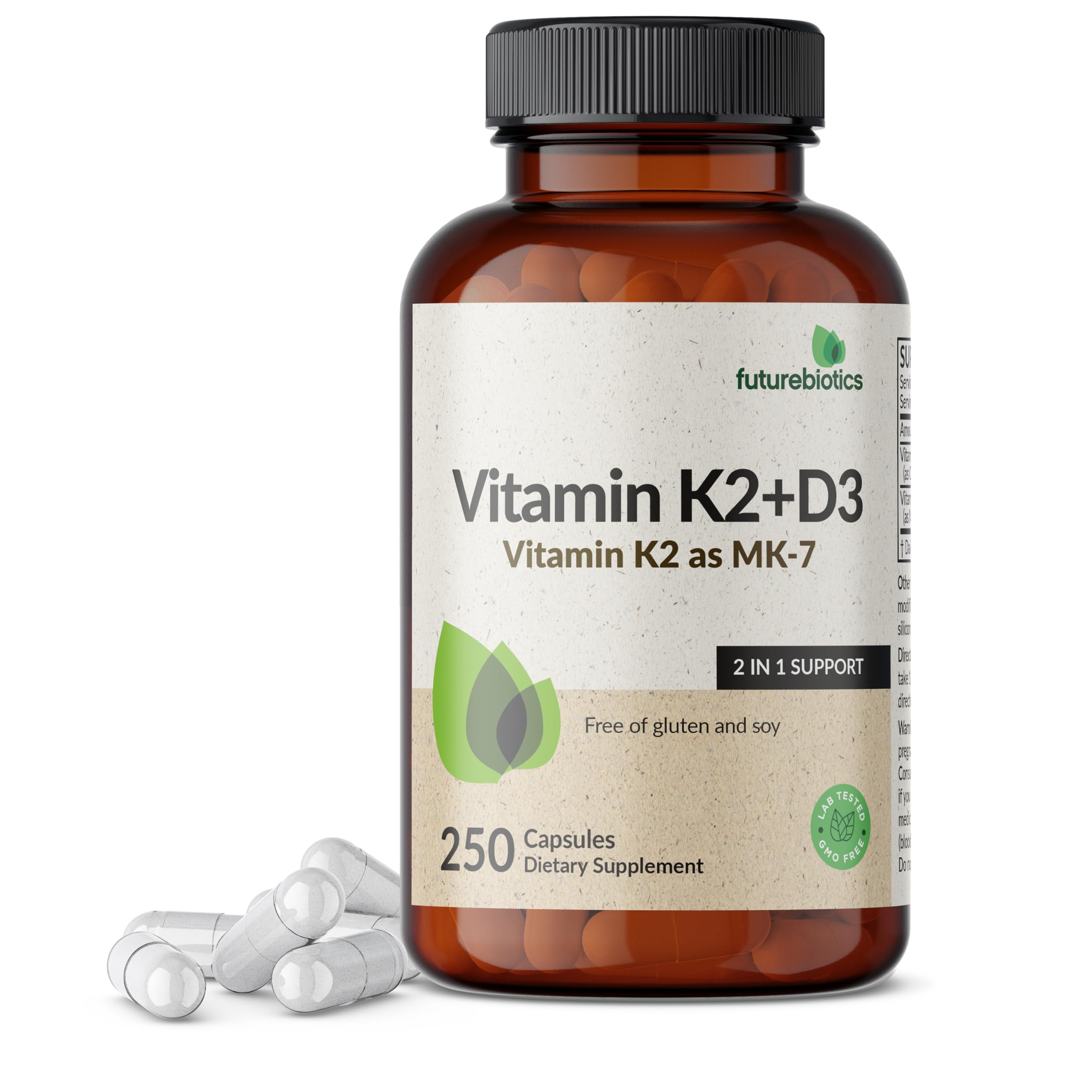 Futurebiotics Vitamin K2 (MK7) with D3 Supplement - Non-GMO Formula - 5000 IU Vitamin D3 & 90 mcg Vitamin K2 MK-7, 250 Vegetarian Capsules