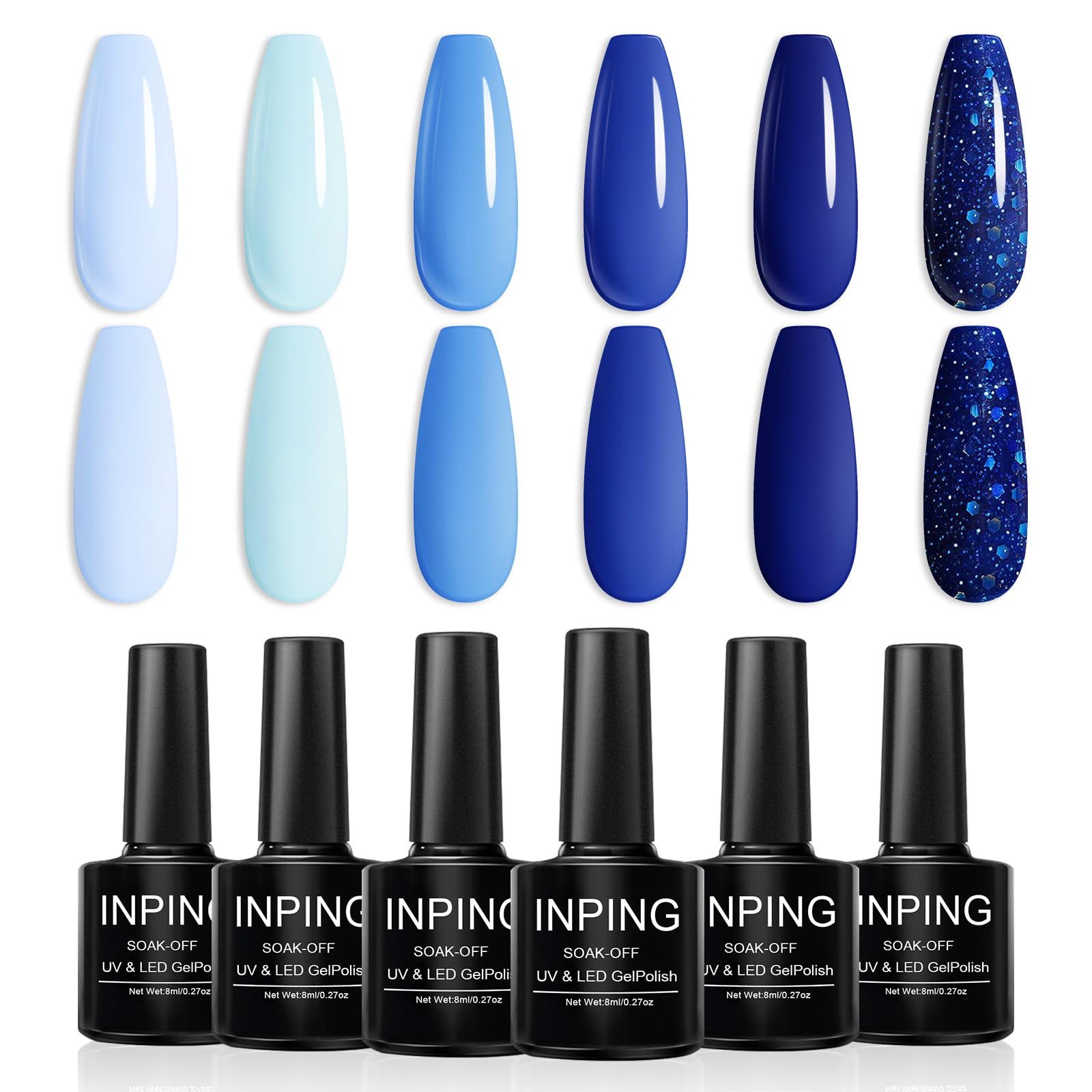 INPING Blue Gel Nail Polish Set, 6 Colors Navy Sky Blue Dream Series Glitter Diamonds Gel Varnish Kit Soak Off UV LED Lamp Beauty Gifts for Grils Women Manicure Salon DIY at Home, Long Lasting