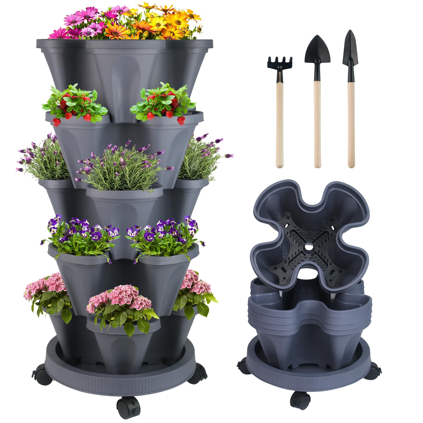 Vertical Planter 5 Tier Stackable Planters Garden Planters Strawberry Herb Flower and Vegetable Planter Indoor Outdoor Gardening Pots with Removable Wheels and Tools