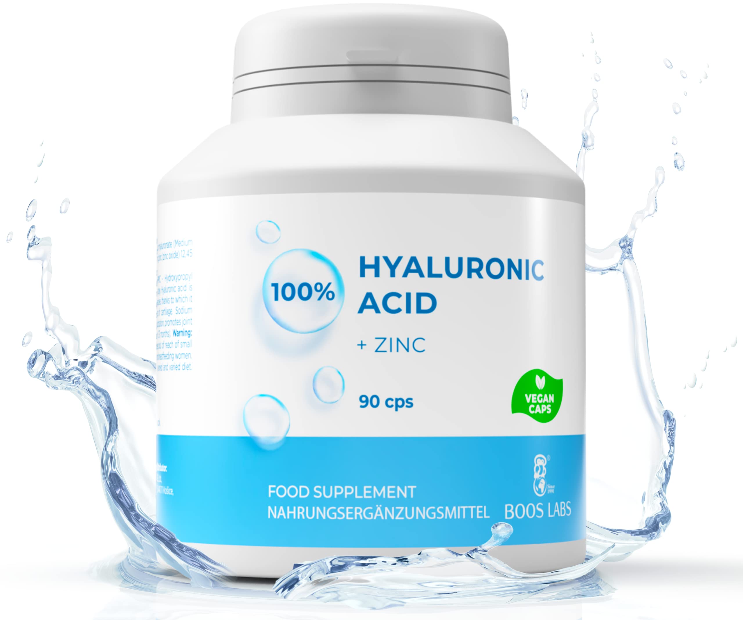 BOOS LABS Strongest Hyaluronic Acid & Zinc, 480mg|90-Day Supply, Vegan Food Supplement, Face & Skin Care & Joint Care Supplement, Skin Moisturizer and Wrinkles Filler