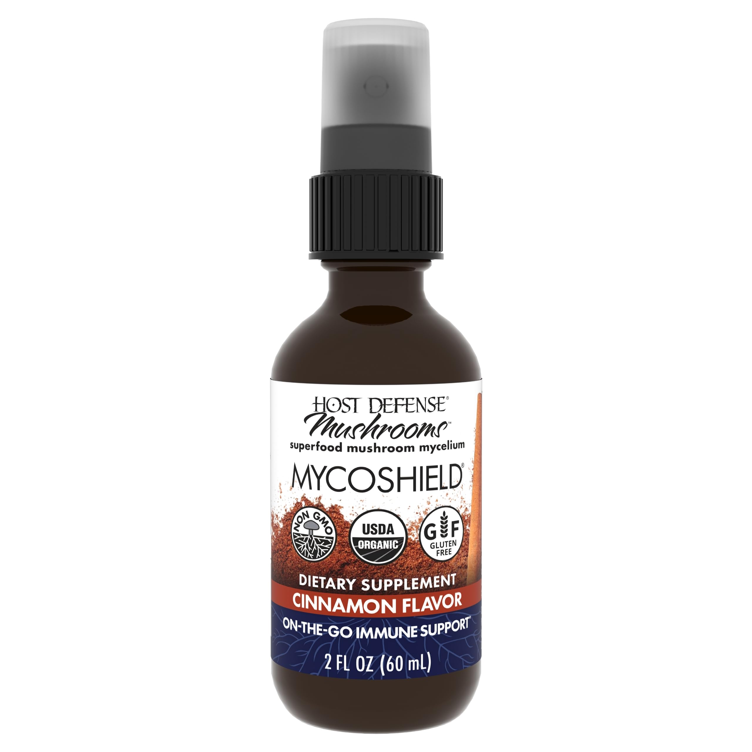 Host Defense MycoShield Throat Spray - Immune Health Support - Dietary Mushroom Supplement with Chaga, Reishi, Turkey Tail & More - On-The-Go Immune Support - Cinnamon Flavor, 2 fl oz (142 Servings)*