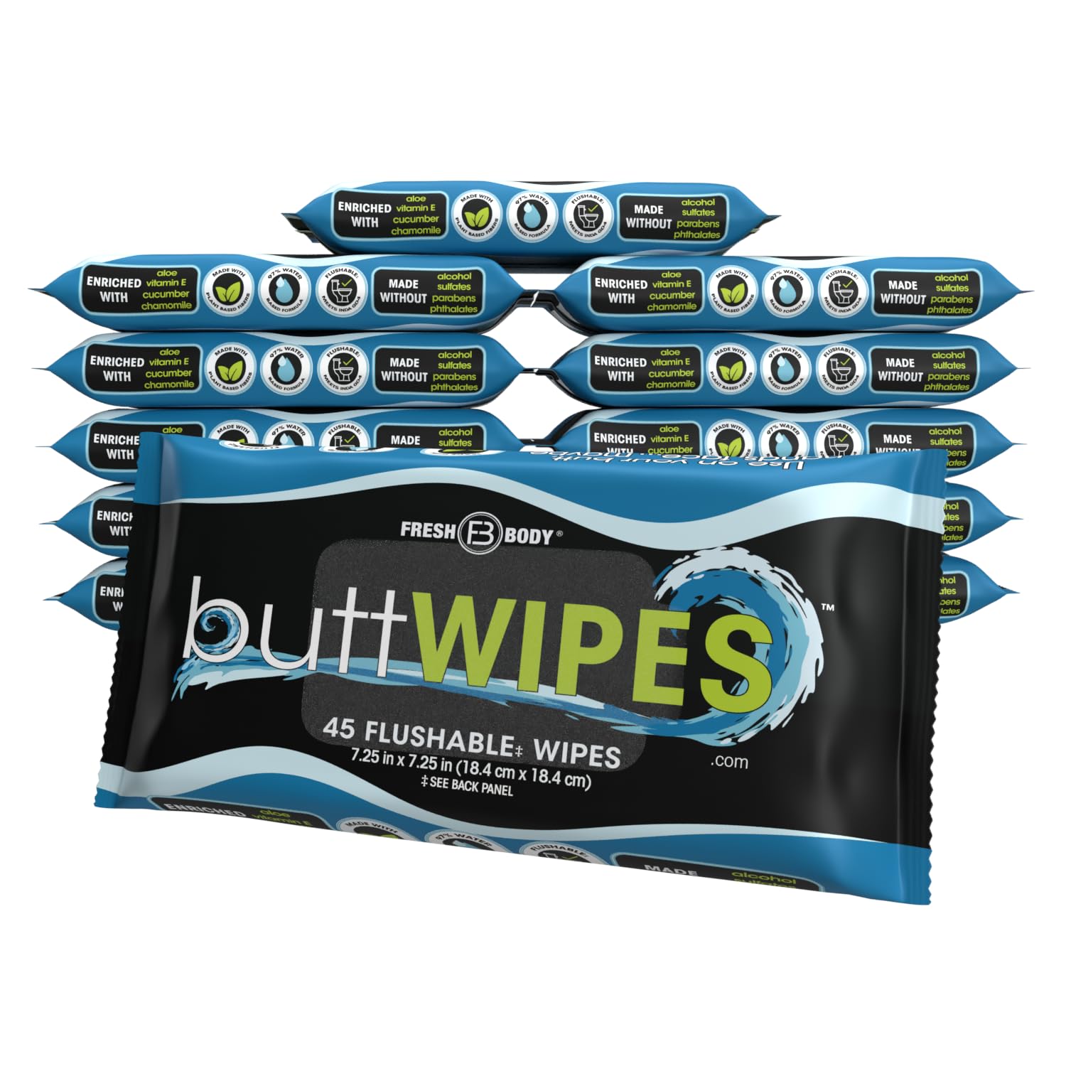 Fresh Body FB Buttwipes Flushable Wipes (12 Pack, 540 wipes) - Flushable Wipes for Adults - Water-Based Butt Wipes with Aloe and Vitamin E - Made Without Alcohol or Added Fragrance