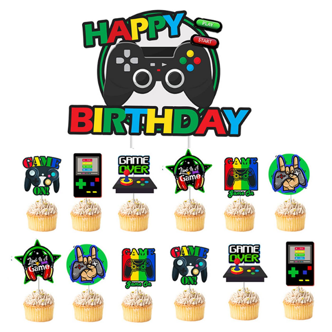 Yiran 13pcs Video Game Cake Toppers Happy Birthday Video Game Cupcake Picks Gaming Theme Cupcake Topper Game Controller Game Backdrop for Boys Girls Kids Gaming Themed Birthday Party Supplies